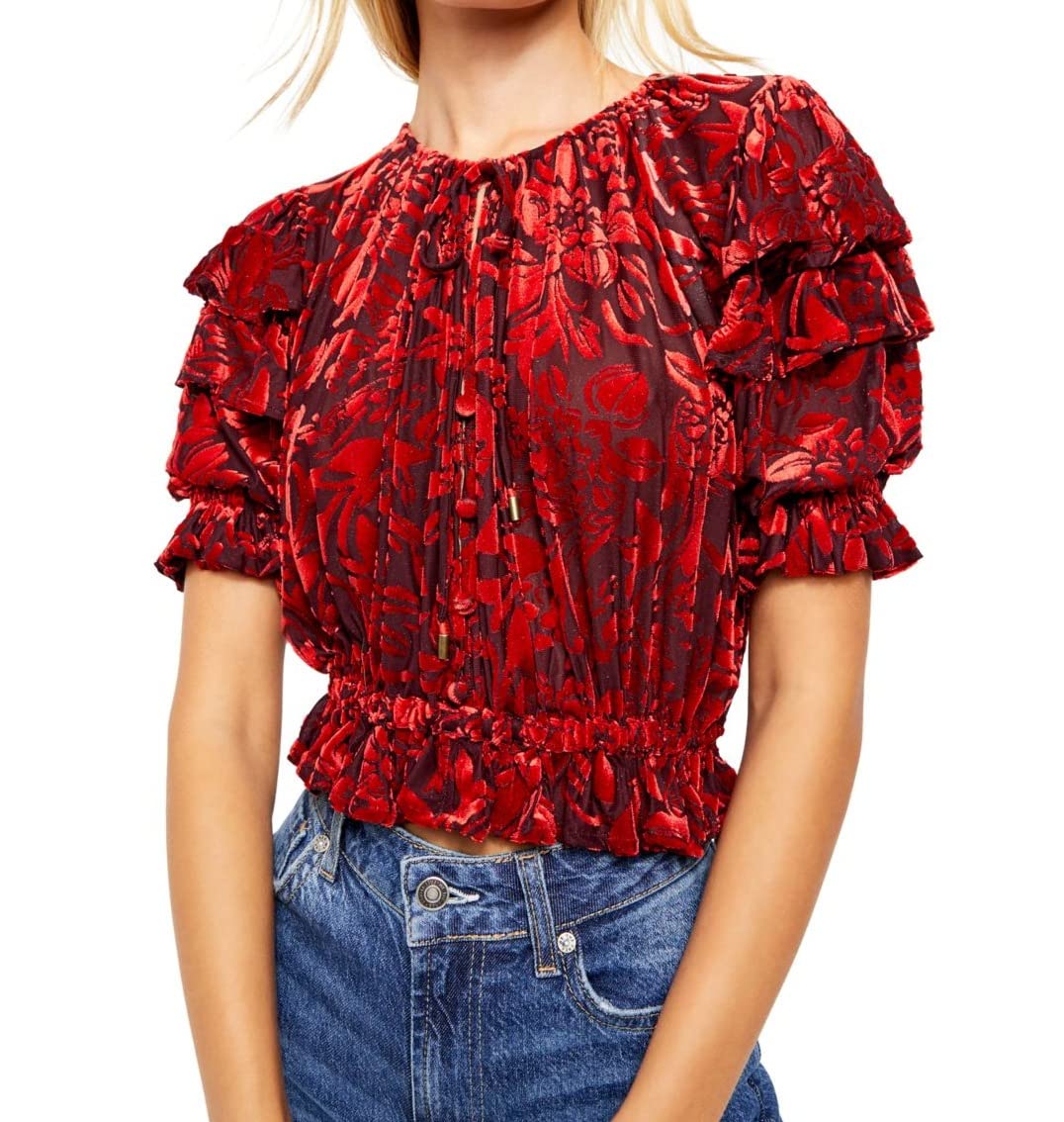 Free People Women's Velveteen Floral Crop Top - Soft Stretch Short Sleeve Blouse for Casual Outings, Date Nights & Boho Fashion