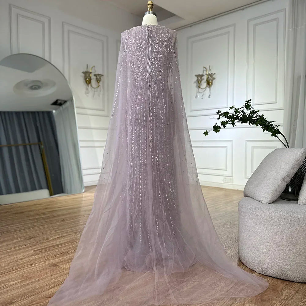 Luxury Dubai Pink Cape Sleeves Beaded Evening Dress for Women - Elegant Wedding Party Gown LA72864 | Perfect for Red Carpet Events, Galas & Formal Occasions