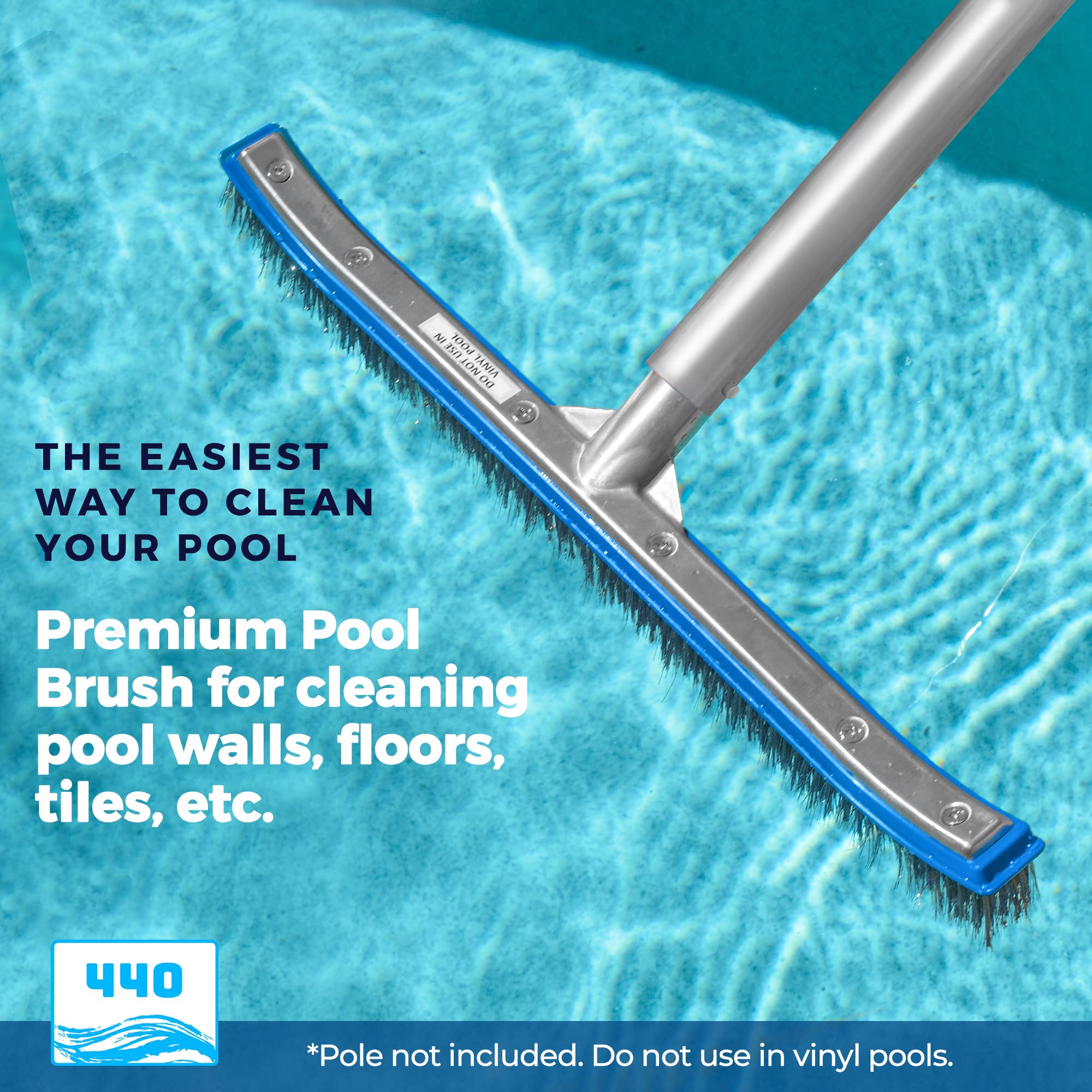 440 Heavy Duty Pool Brush - 18-Inch Extra-Wide Stainless Steel Wire Bristle Brush for Cleaning Pool Tiles, Walls, Floors & Steps - Professional Swimming Pool Maintenance Tool for Concrete, Vinyl & Fiberglass Pools