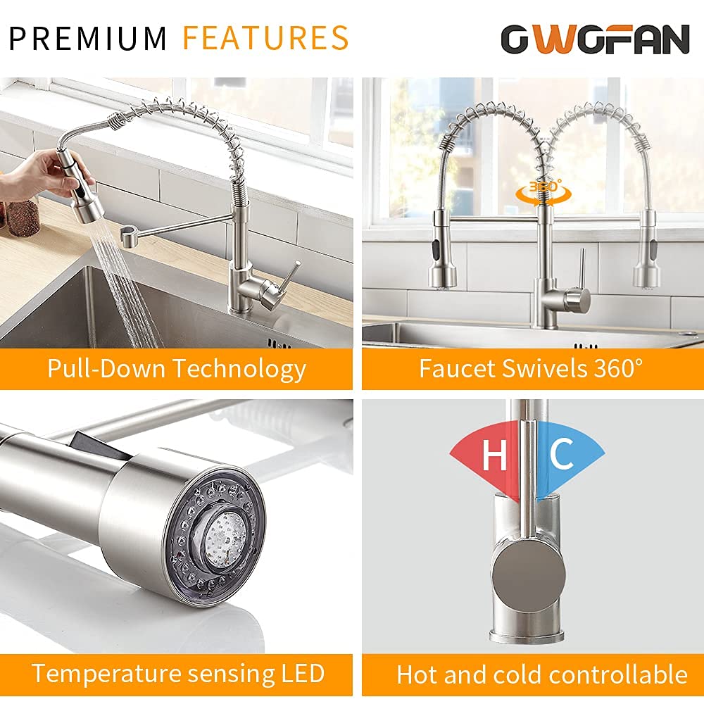 OWOFAN Brushed Nickel Kitchen Sink Faucet with Soap Dispenser - High Arc Pull Down Sprayer, Durable Stainless Steel Design for Modern Home & Restaurant Use