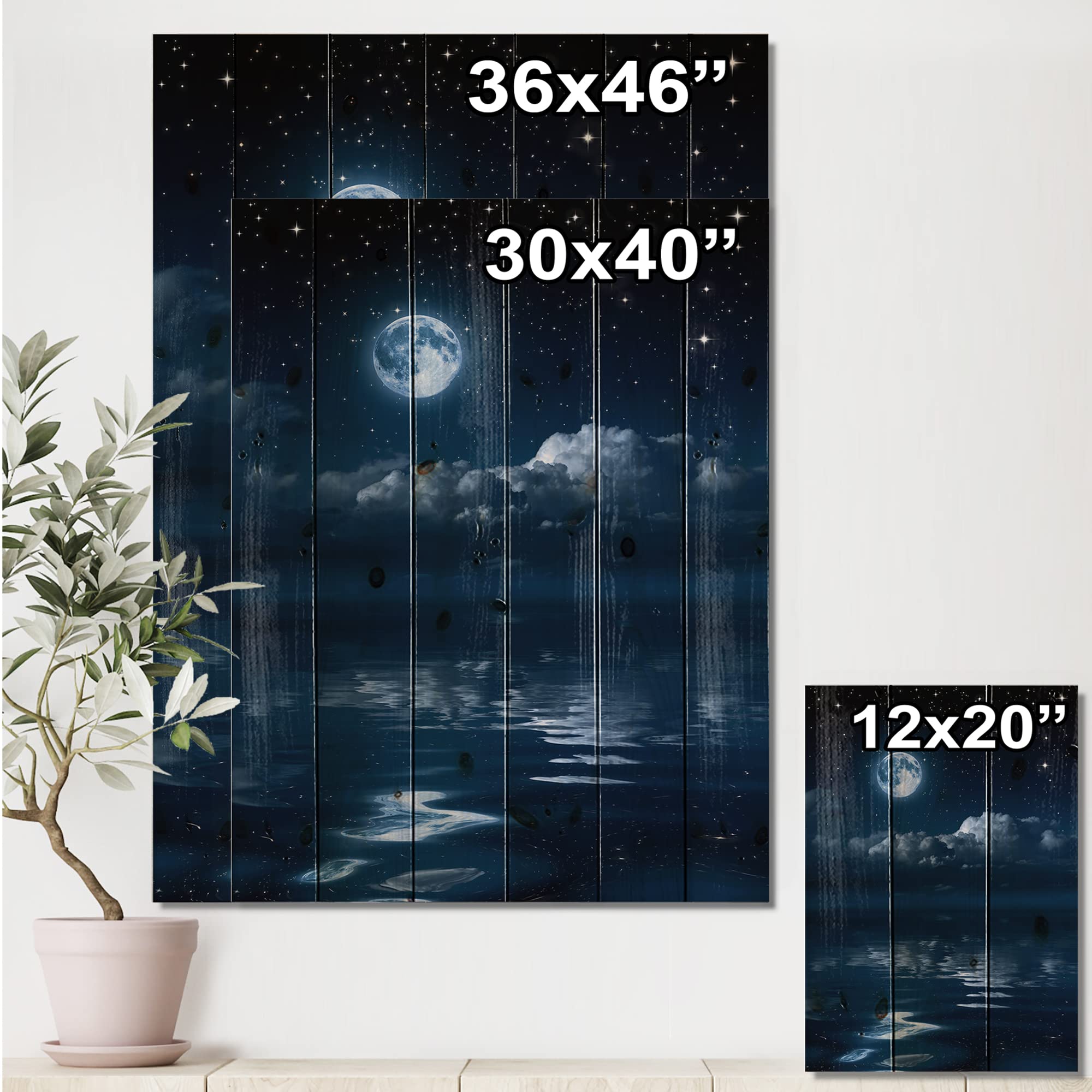 Full Moon Coastal Wood Wall Art - Blue Landscape Panel for Home Decor