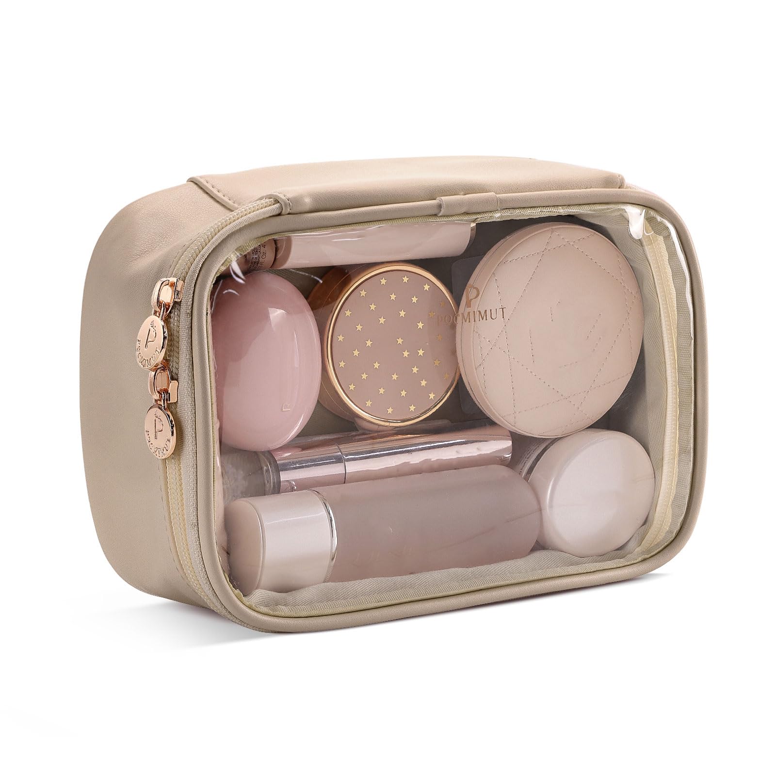 Pocmimut Clear Travel Makeup Bag for Women - Small Cosmetic Organizer with Zipper, Portable Toiletry Pouch for Makeup Brushes & Beauty Essentials - Perfect for Travel, Gym, and Daily Use (Apricot)