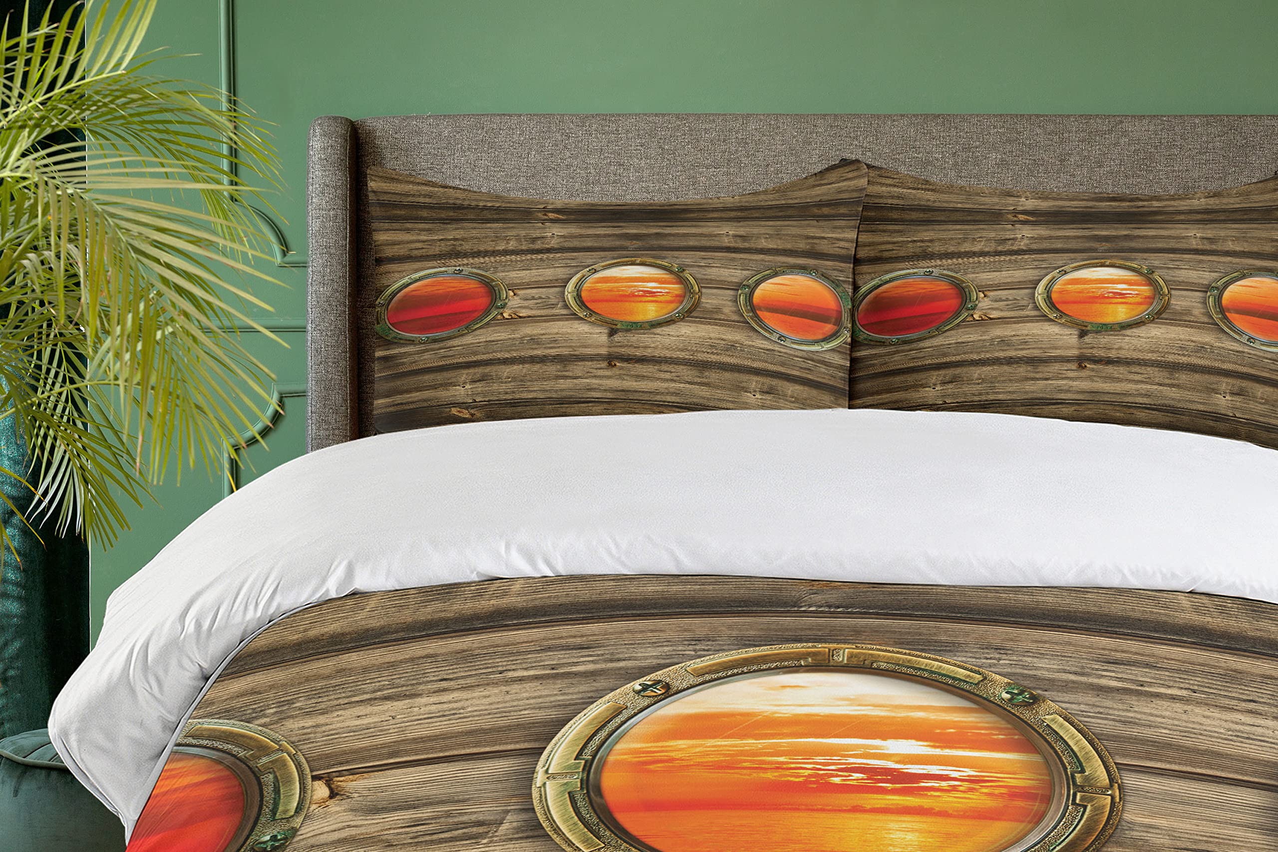 Ambesonne Nautical Duvet Cover Set - King Size 3 Piece Bedding with Rustic Wooden Ship Design, Orange Ocean Sunset Scenes & Oval Windows - Includes 2 Pillow Shams - Perfect for Coastal, Beach House or Sailor Themed Bedroom Decor