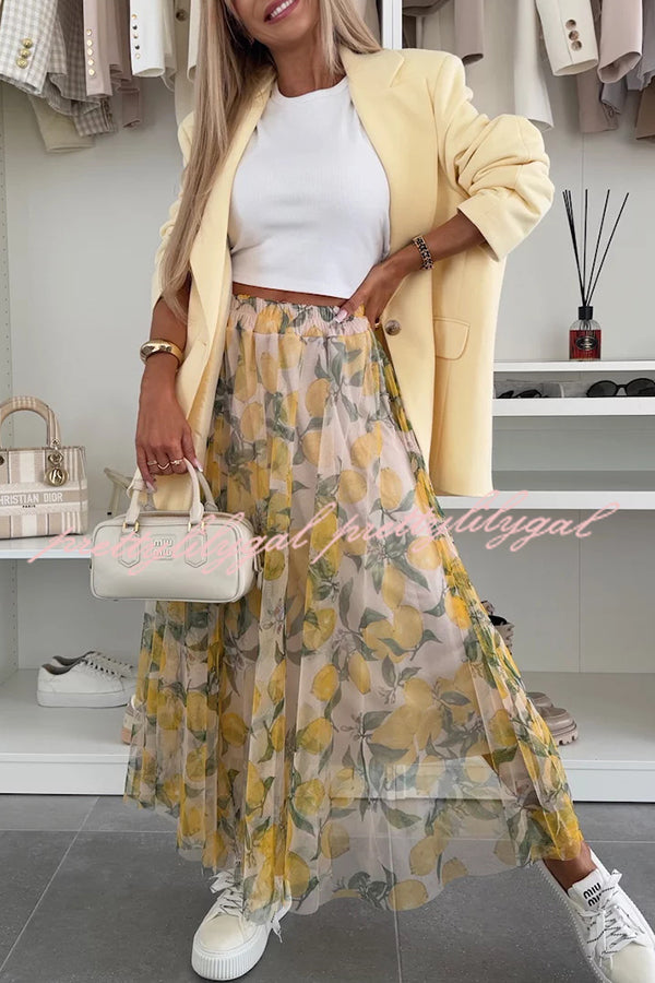 Summer Lemon Print Elastic Waist Tulle Midi Skirt for Women - Flowy A-Line Party Dress for Beach Vacation, Garden Wedding & Casual Outings