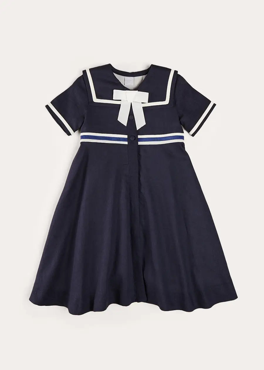Navy Blue Mariner Collar Bow Detail Short Sleeve Dress for Girls (4-12 Years) - Perfect for School, Parties & Special Occasions