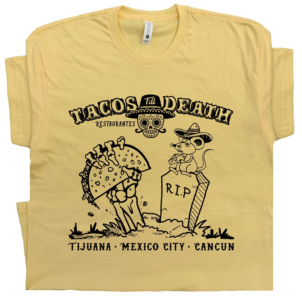 Vintage Funny Tacos T-Shirt | Mexican Food Graphic Tee for Men & Women | Cool Tijuana Cancun Design with Sugar Skull | Perfect for Cinco de Mayo, Mexican Restaurants & Taco Lovers