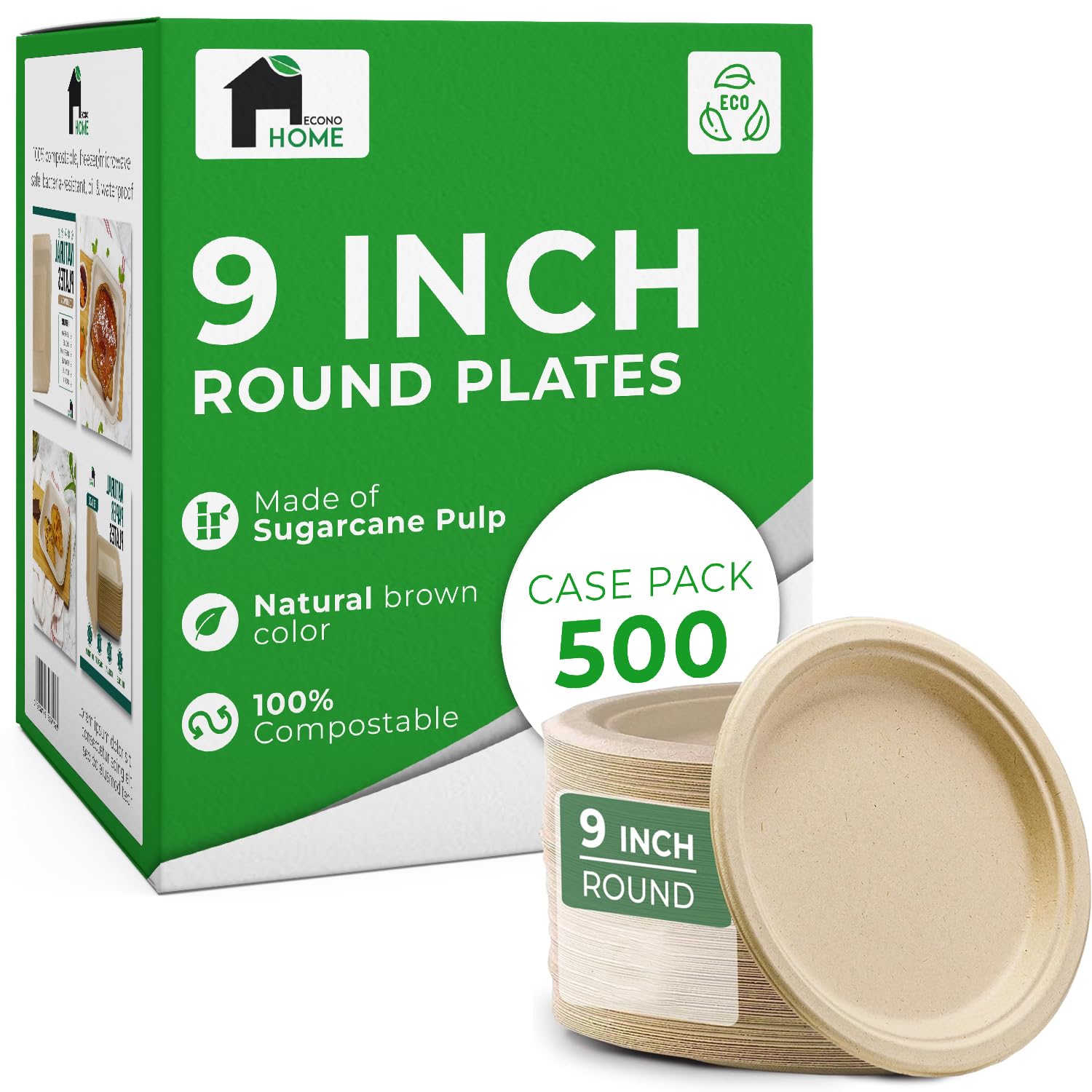 Eco-Friendly 9 Inch Compostable Paper Plates - 100% Sugarcane Fiber Disposable Dinner Plates - Microwave & Freezer Safe - Heavy Duty Biodegradable Plates for Parties, BBQs, Picnics - Pack of 500