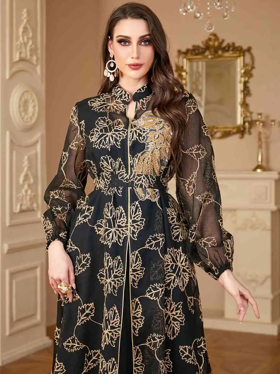 2 Piece Eid Embroidery Dress Set - Flowy Caftan Kaftan with Matching Sleeveless Inner Dress | Elegant Muslim Women's Outfit for Eid Celebrations, Parties & Special Occasions