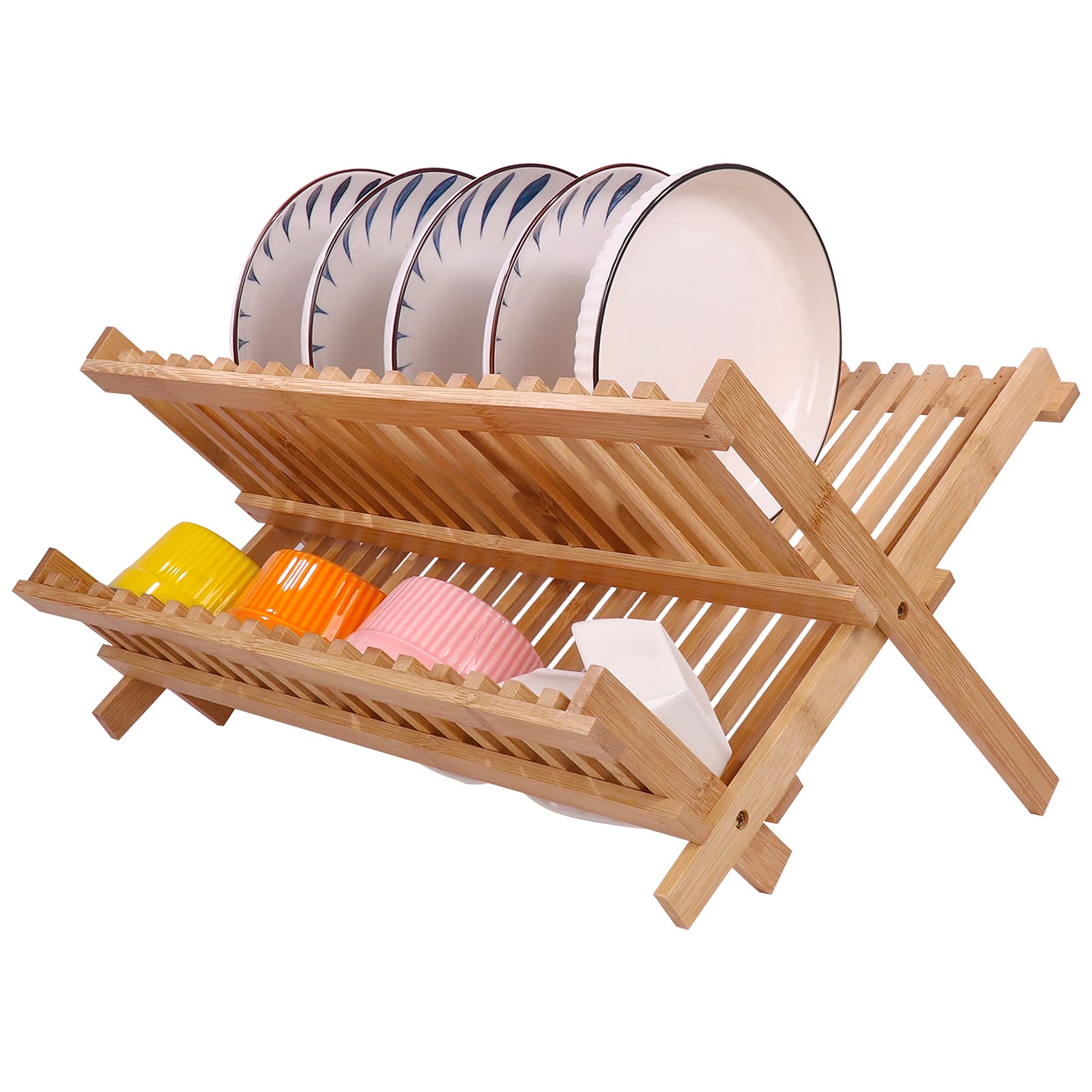 Premium Bamboo Dish Drying Rack - Collapsible & Foldable Dish Drainer for Kitchen Countertop - 100% Natural Bamboo Plate Rack (17.8