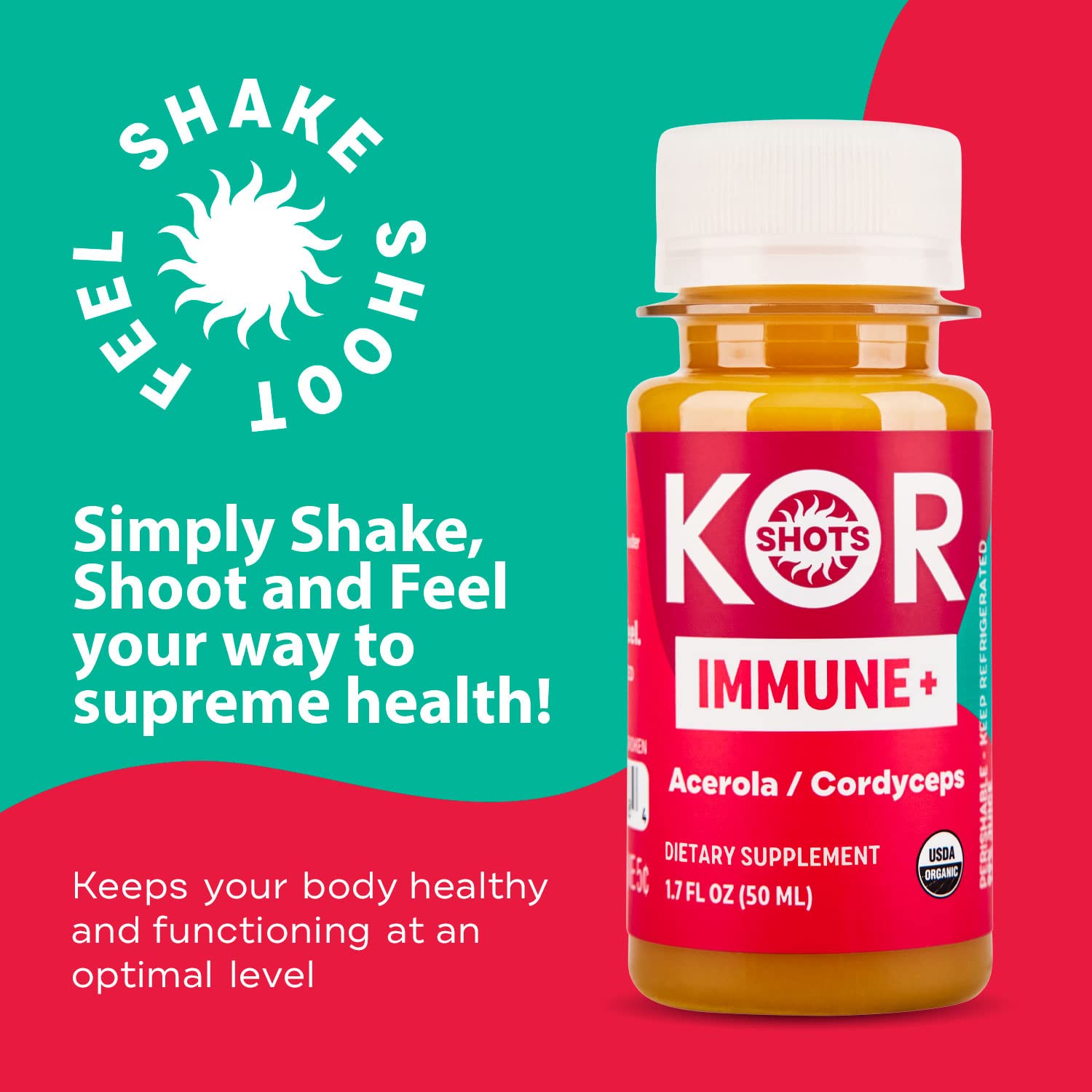 Organic Acerola Ginger & Cordyceps Immune Booster Shot - 24 Pack (1.7 Fl Oz Each) - 533% Daily Vitamin C - USDA Certified Dietary Supplement - Great for Travel, Work & Wellness Routine