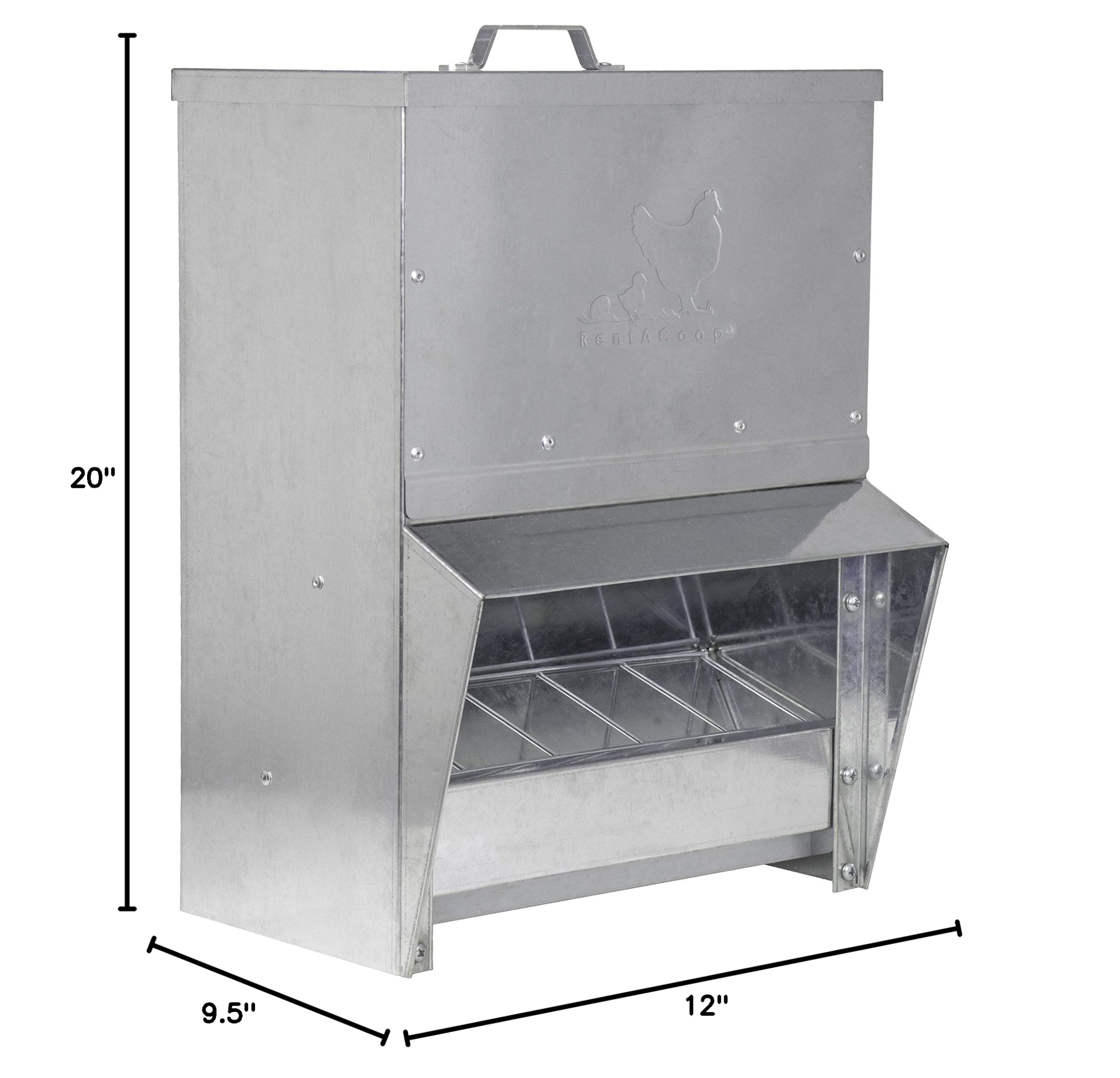 RentACoop Galvanized Chicken Trough Feeder - 25LB Capacity Weatherproof Poultry Food Dispenser with Lid for Hens, Ducks & Birds - Perfect for Backyard Coops & Farm Use