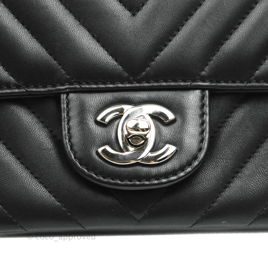 Chanel Chevron Mini Rectangular Flap Bag in Black Lambskin Leather with Silver Hardware - Perfect for Evening Events & Luxury Fashion Accessories