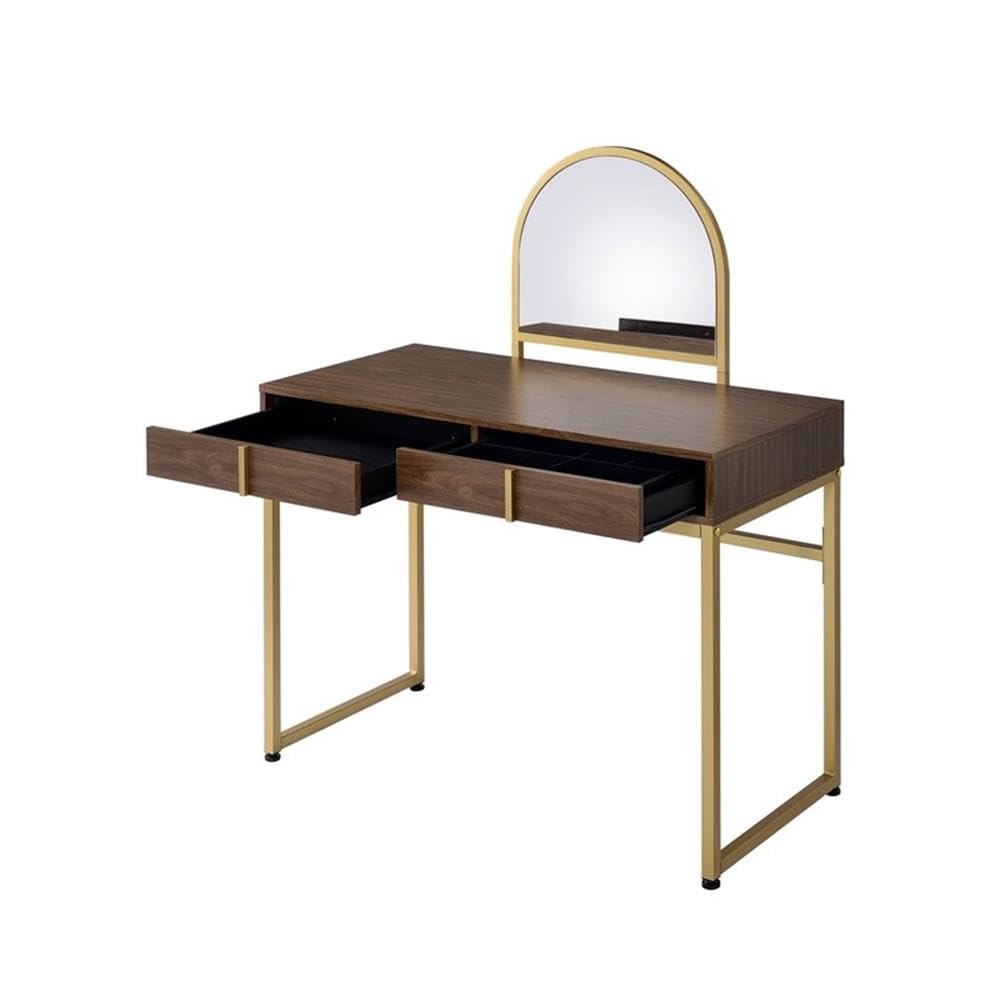 Acme Coleen Vanity Desk - Walnut & Gold Finish Modern Dressing Table with Mirror | Perfect for Bedroom Makeup & Skincare Routine