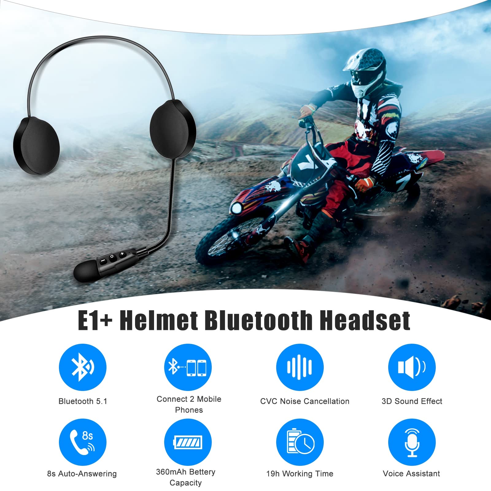 EJEAS E1+ Motorcycle Bluetooth Headset with Helmet Speakers - Bluetooth 5.1 Wireless Intercom, Auto Answer Call & Noise Cancellation, Dual Phone Connectivity - Perfect for Riding, Commuting & Group Tours