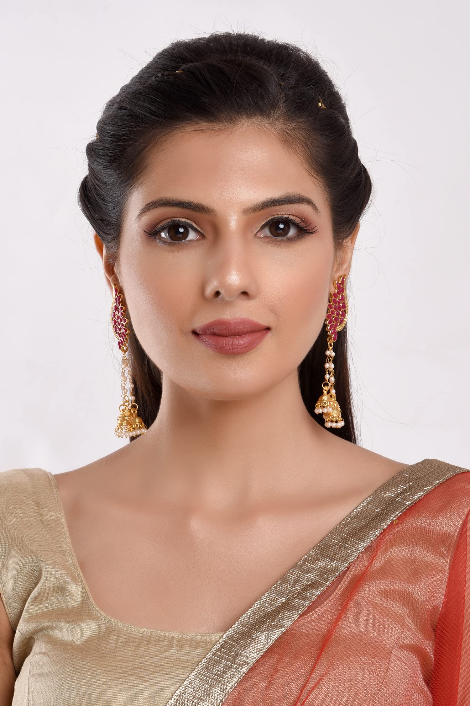 Efulgenz Indian Crystal Leaf Faux Pearl Tassel Jhumki Earrings Set for Women - Boho Dangle Earrings for Party, Wedding & Festival Jewelry
