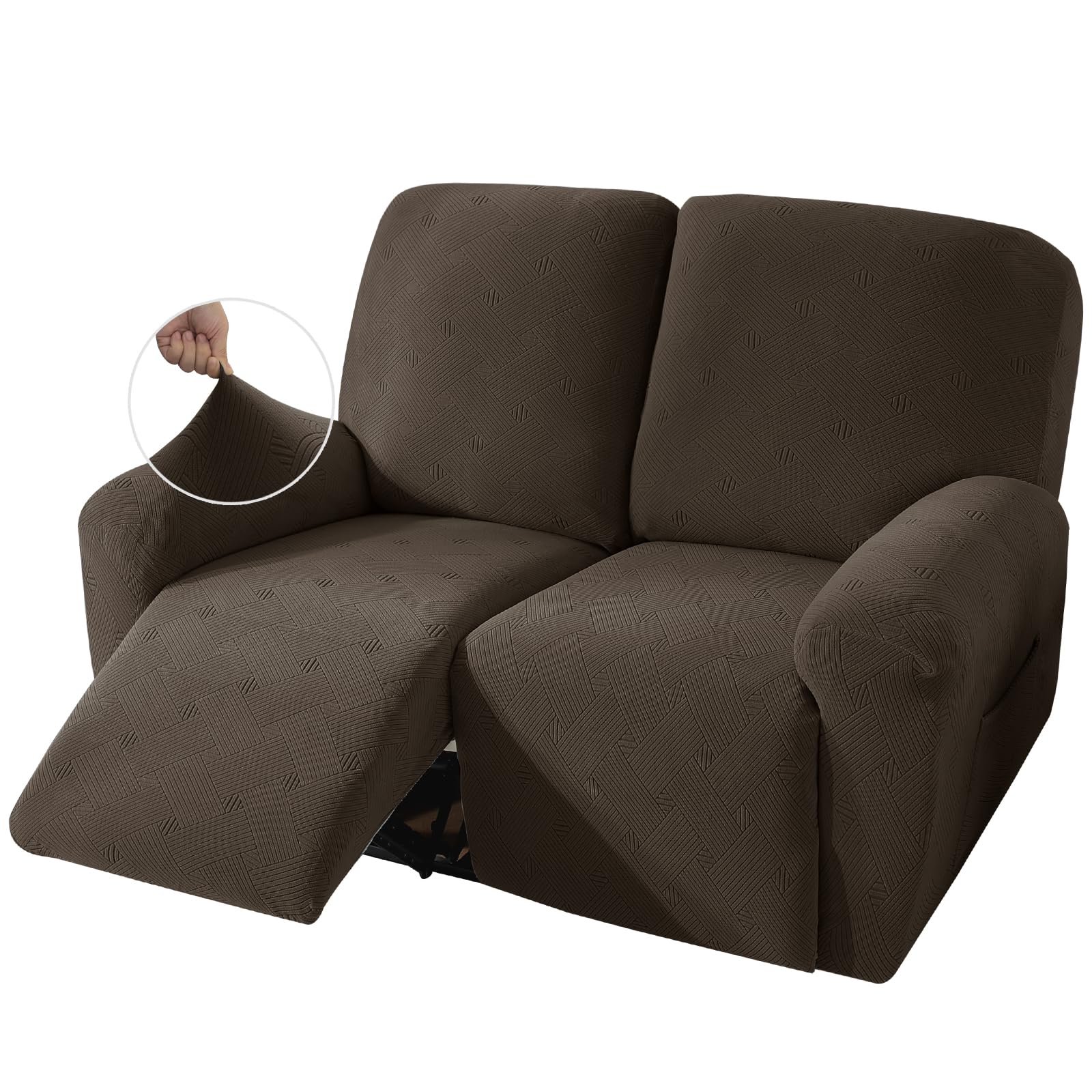 JIVINER Jacquard 4-Piece Recliner Sofa Cover Set with Pockets - Washable Loveseat Slipcover, Elastic Bottom Couch Protector for Lazy Boy Recliners (Coffee Color) - Perfect for Living Room, Home Theater & Family Room Furniture Protection