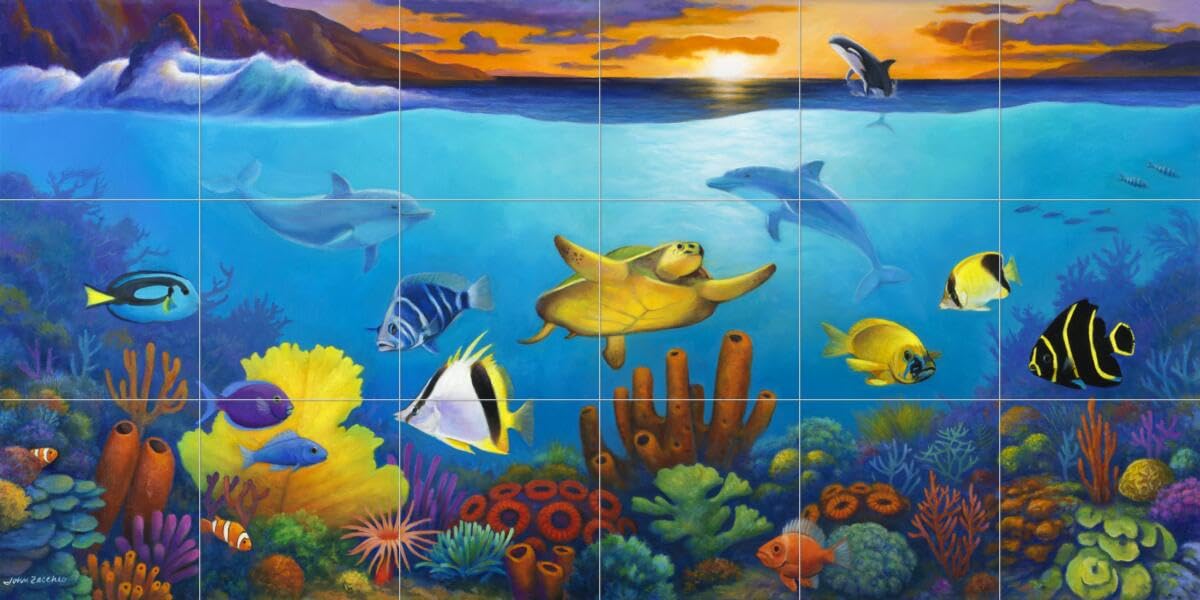 Ceramic Backsplash Tile Mural - Dolphin & Whale Underwater Ocean Fish Design for Kitchen, Bathroom & Shower - Blue Ocean Color by John Zaccheo - Perfect for Coastal, Beach & Nautical Home Decor