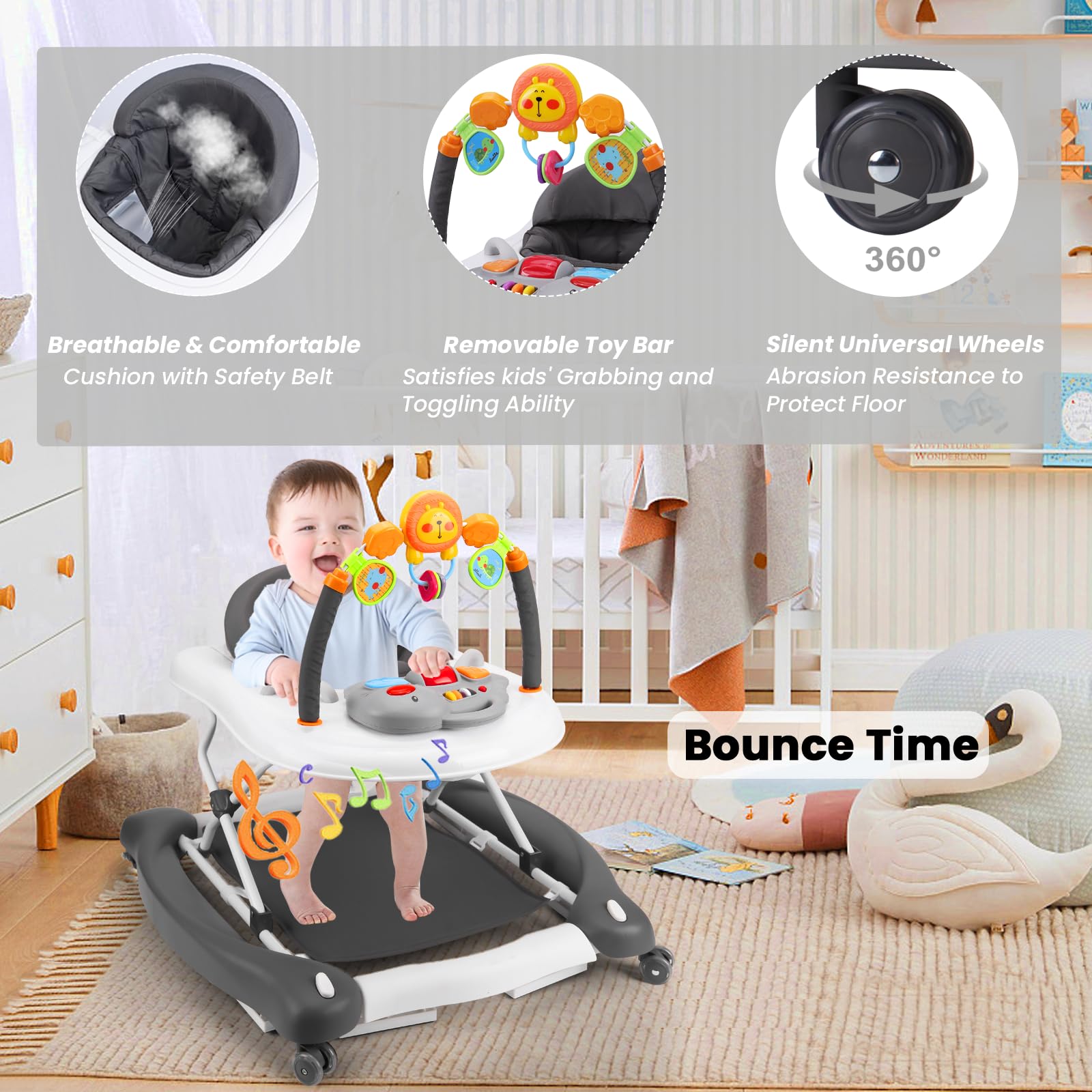 5-in-1 Foldable Baby Walker with Bouncer, Adjustable Height & Removable Tray - Interactive Learning Toy with Music for Infants 6-18 Months - Perfect for First Steps, Playtime & Feeding (Blue/Green) - Ideal for Nursery, Daycare & Home Use