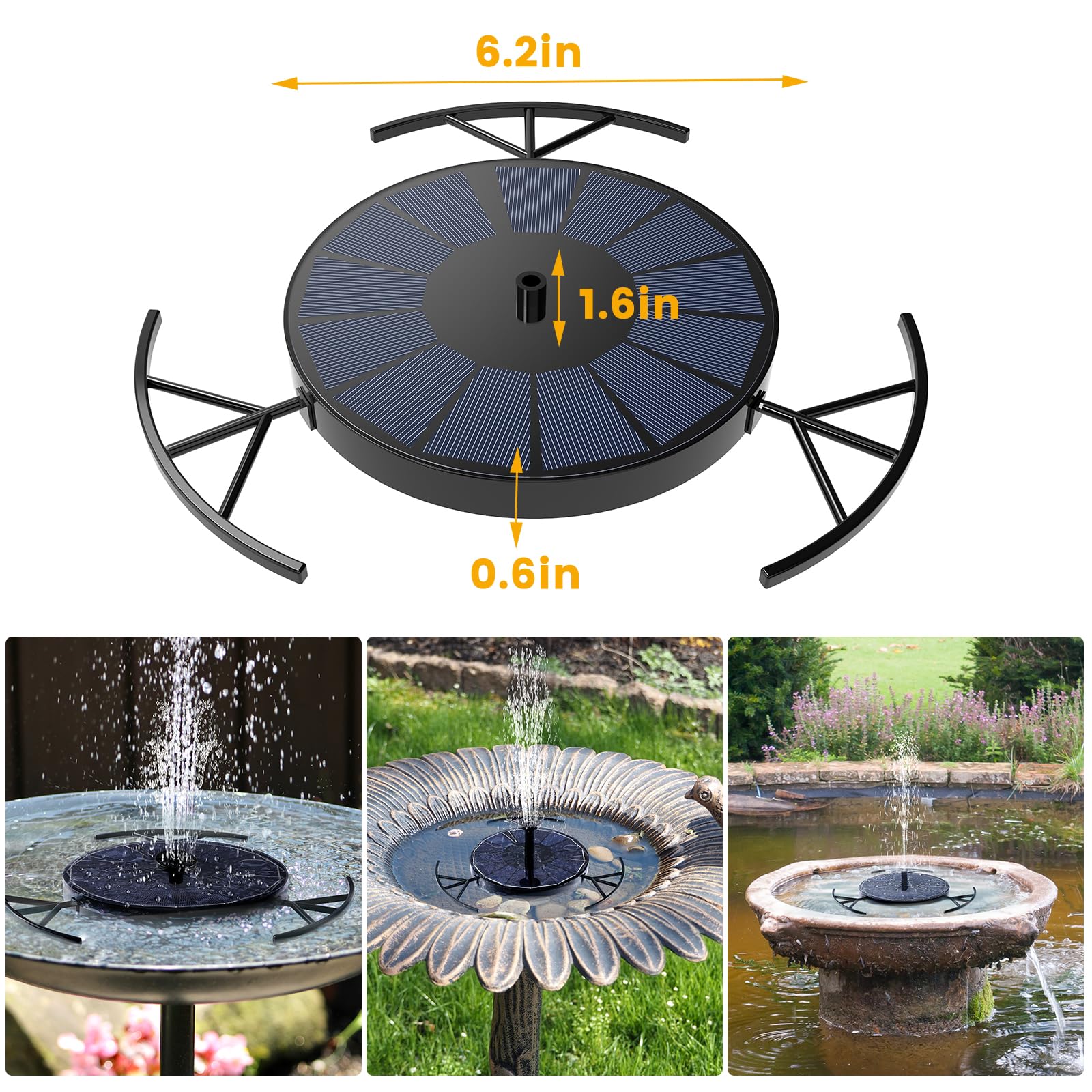 Solar Fountain Pump for Bird Bath - 6 Nozzle Floating Solar Powered Water Pump with Bracket | Outdoor Garden, Pond, Pool Decoration | Perfect for Backyard, Patio & Wildlife Attraction