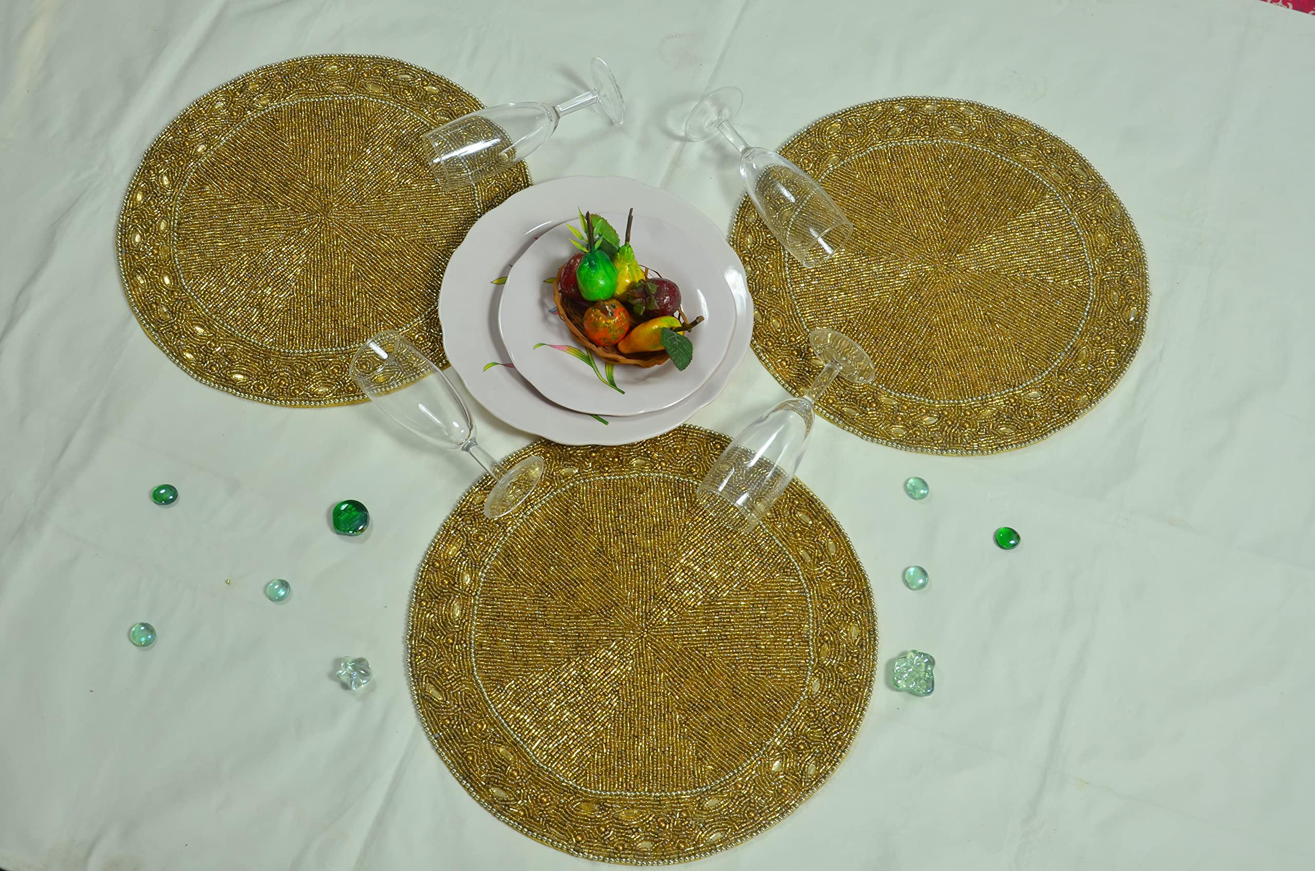 HM Creations Beaded Gold Solid Placemats - Set of 6 Luxury 13x13 Inch Designer Charger Plates & Table Toppers for Elegant Dining, Wedding Decor, and Holiday Table Settings