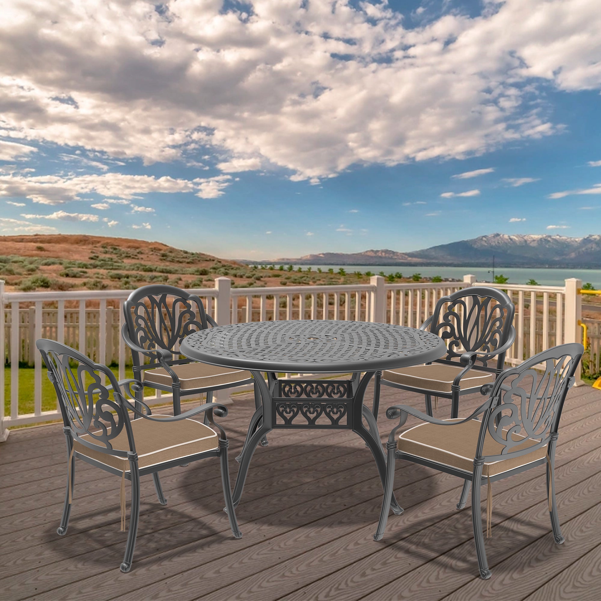 5-Piece Cast Aluminum Patio Furniture Set with Cushions (Random Colors) - Outdoor Dining & Lounge Set for Garden, Poolside, and Backyard Relaxation