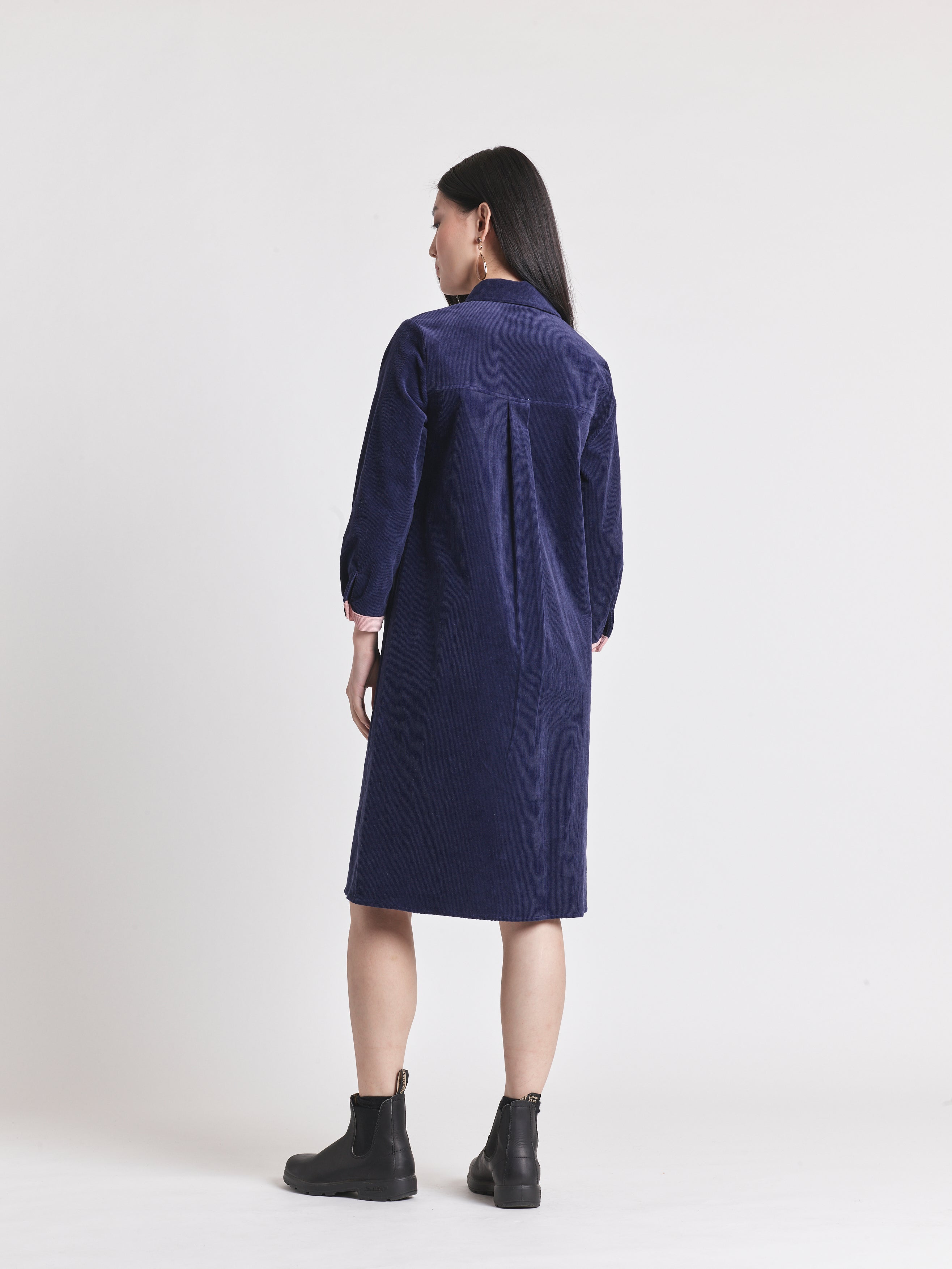 Lowie Women's Navy Blue Corduroy Shirt Dress - Casual Long Sleeve Button Down Tunic for Fall & Winter | Perfect for Office, Date Night and Weekend Outings