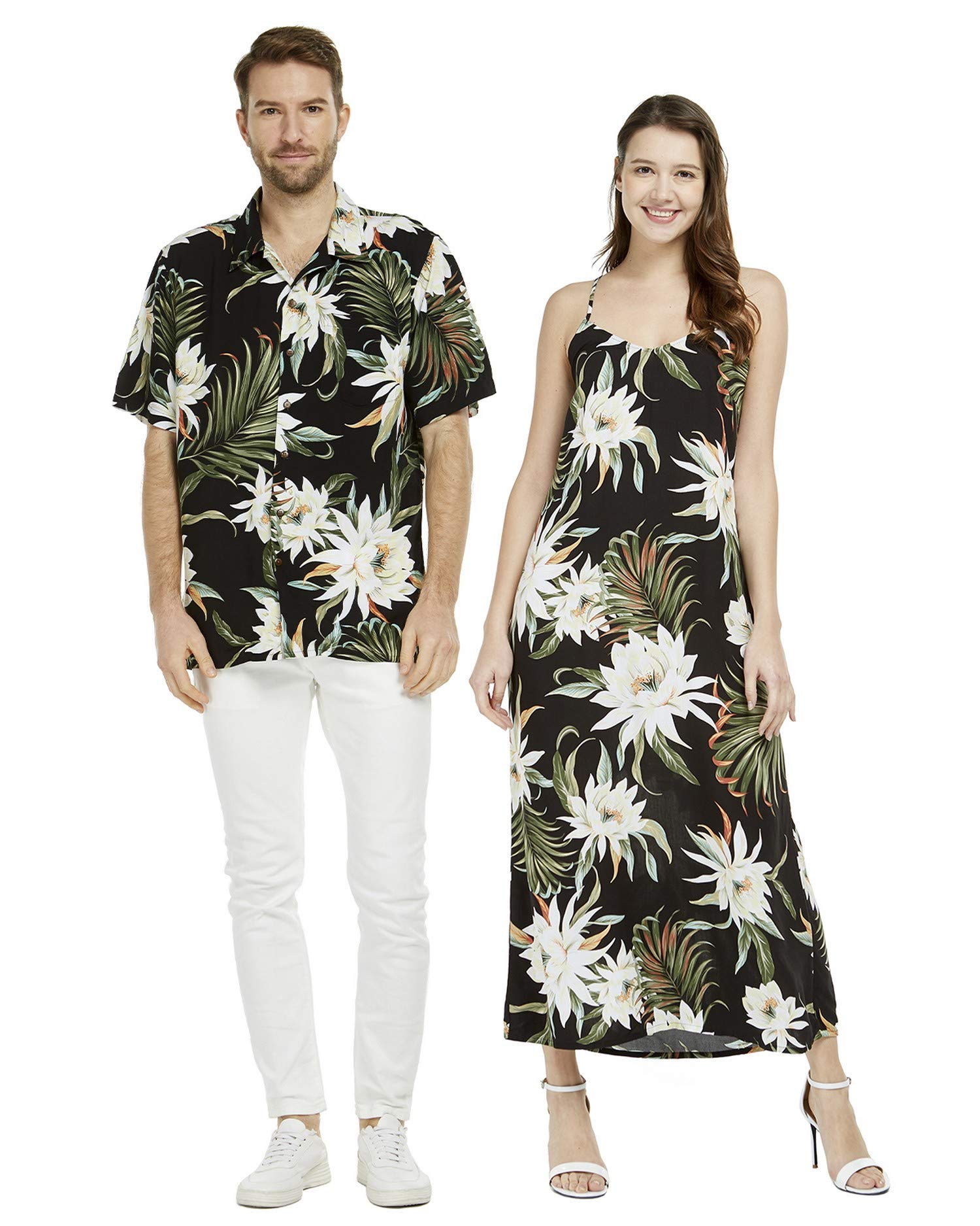 **Matching Hawaiian Luau Aloha Shirt & Maxi Tank Dress Set - Pink Hibiscus Vine Print - Couples Beach Outfit for Summer Vacation & Tropical Parties**