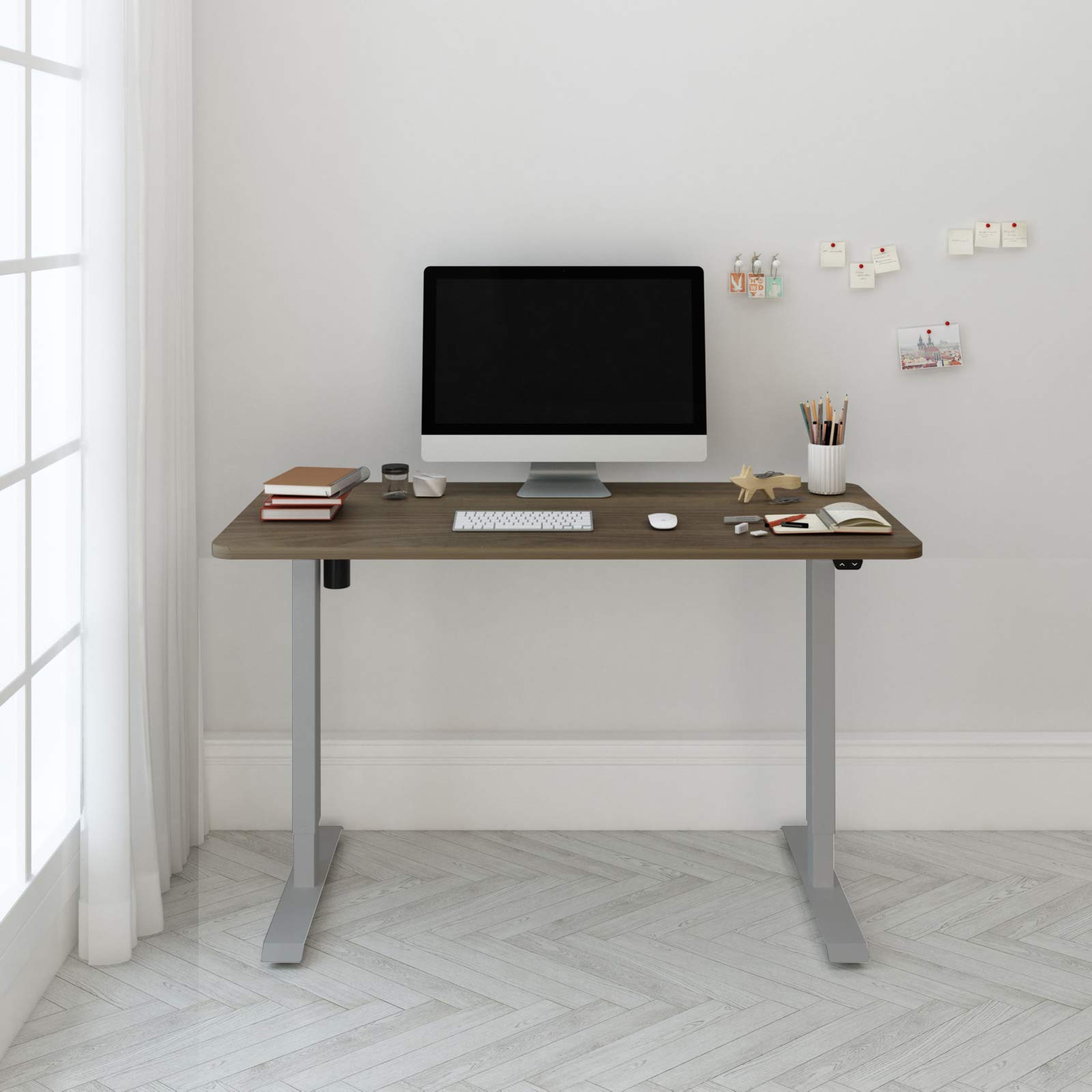 FLEXISPOT EC1 Electric Standing Desk 48x24 Inch - Adjustable Height, Gray Frame & Grey Wood Grain Top - Perfect for Home Office, Gaming & Workspace Ergonomics