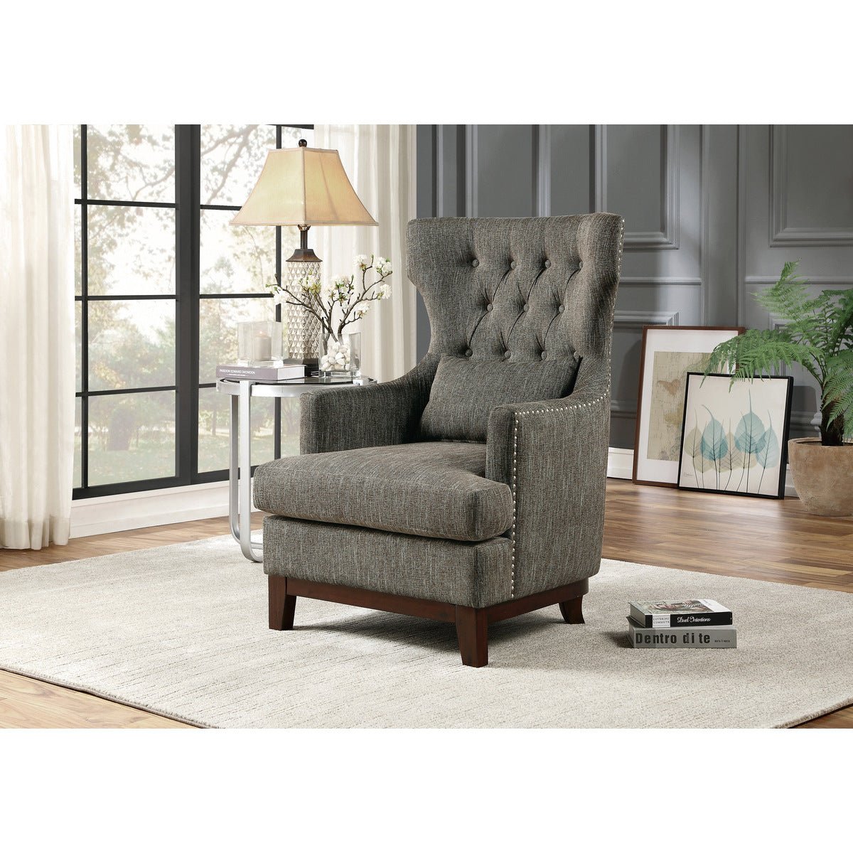 Adriano Collection Brown Grey Accent Chair - Modern Living Room Furniture for Home Office, Lounge & Reading Nook - Comfortable Upholstered Armchair with Wooden Legs