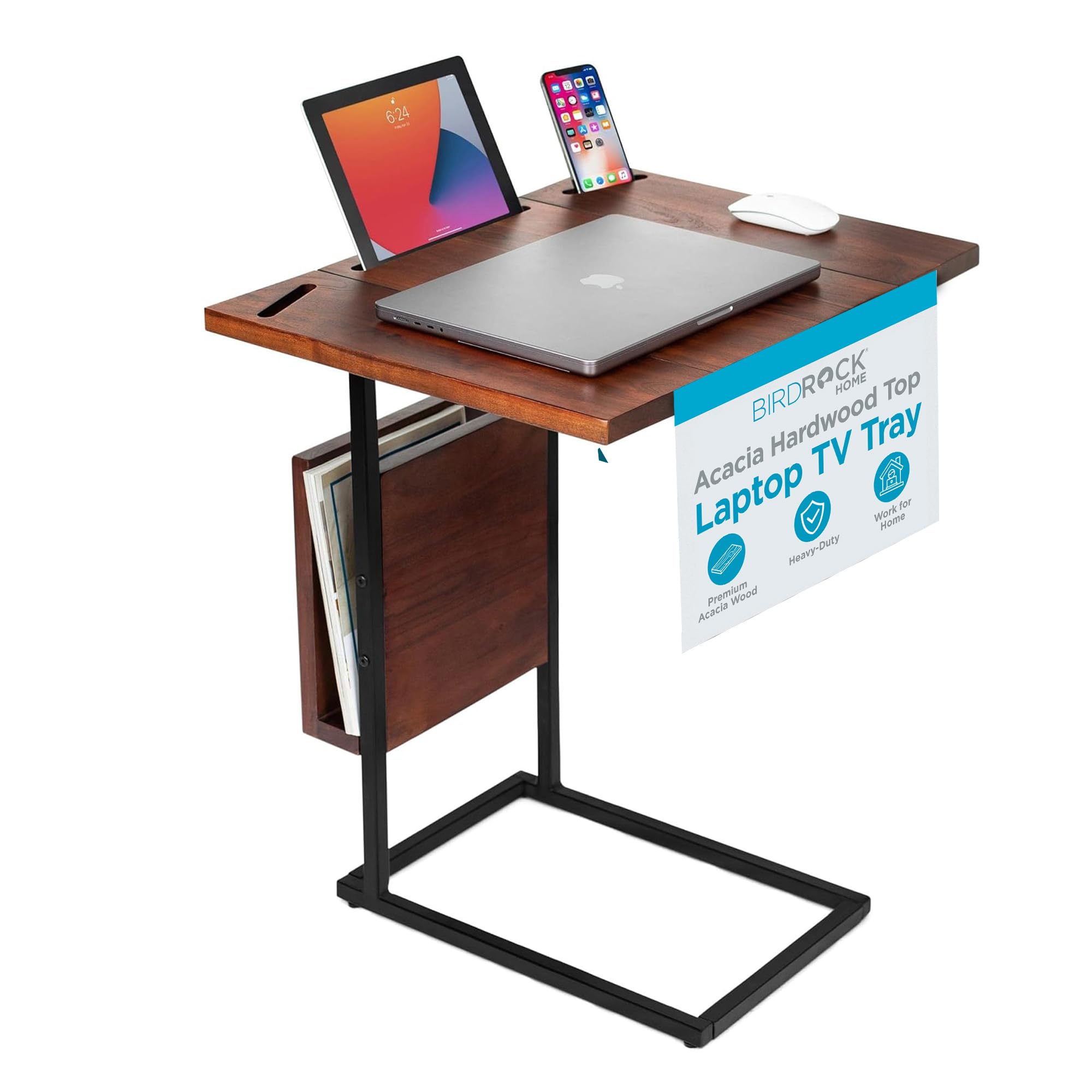 BIRDROCK HOME Acacia Wood Expandable C-Shaped Side Table with Phone & Tablet Holder - Laptop TV Tray Desk for Couch, Bed & Sofa - Snack End Table for Living Room & Office - Perfect for Reading, Working & Relaxing