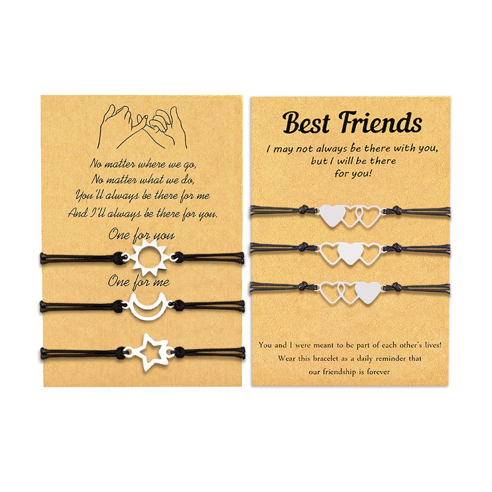 Best Friend Bracelets Set of 3 - Pinky Promise Matching Friendship Bracelets with Heart, Sun & Moon Charms - Cute Gifts for Women, Sisters, BFFs - Perfect for Anniversaries, Birthdays & Special Occasions