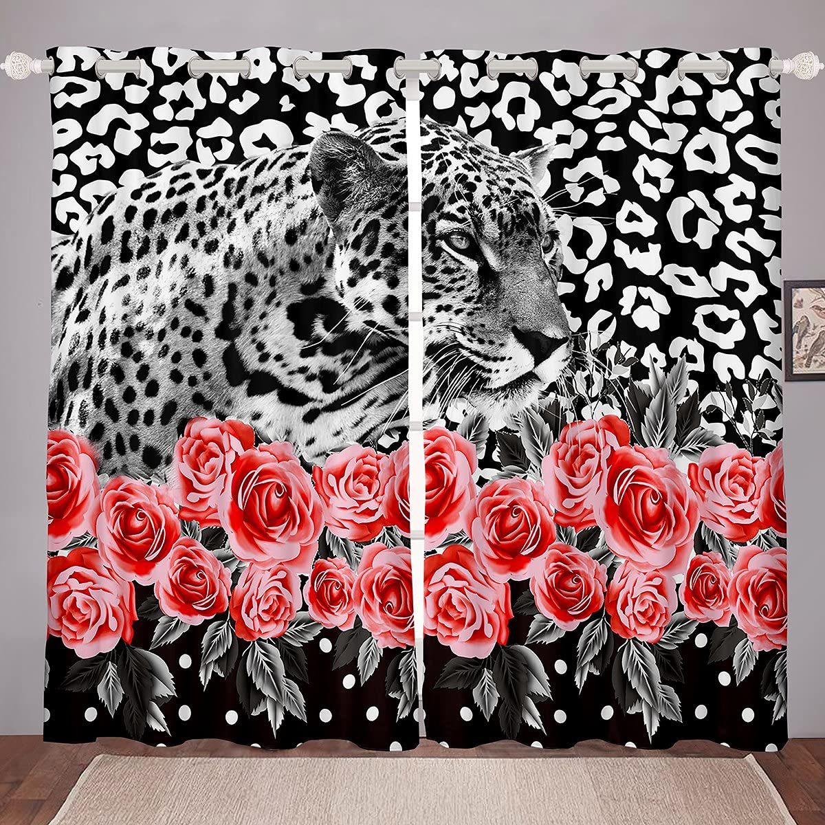 Luxury Cheetah Print Window Curtains 42x63 Inches - 2 Panels Rose Floral Leopard Drapes for Kids Bedroom Decor, Boys Girls Teens Room, Wildlife Animal Theme Window Treatments | Perfect for Jungle Safari Nursery, Teen Bedroom & Bohemian Home Decor