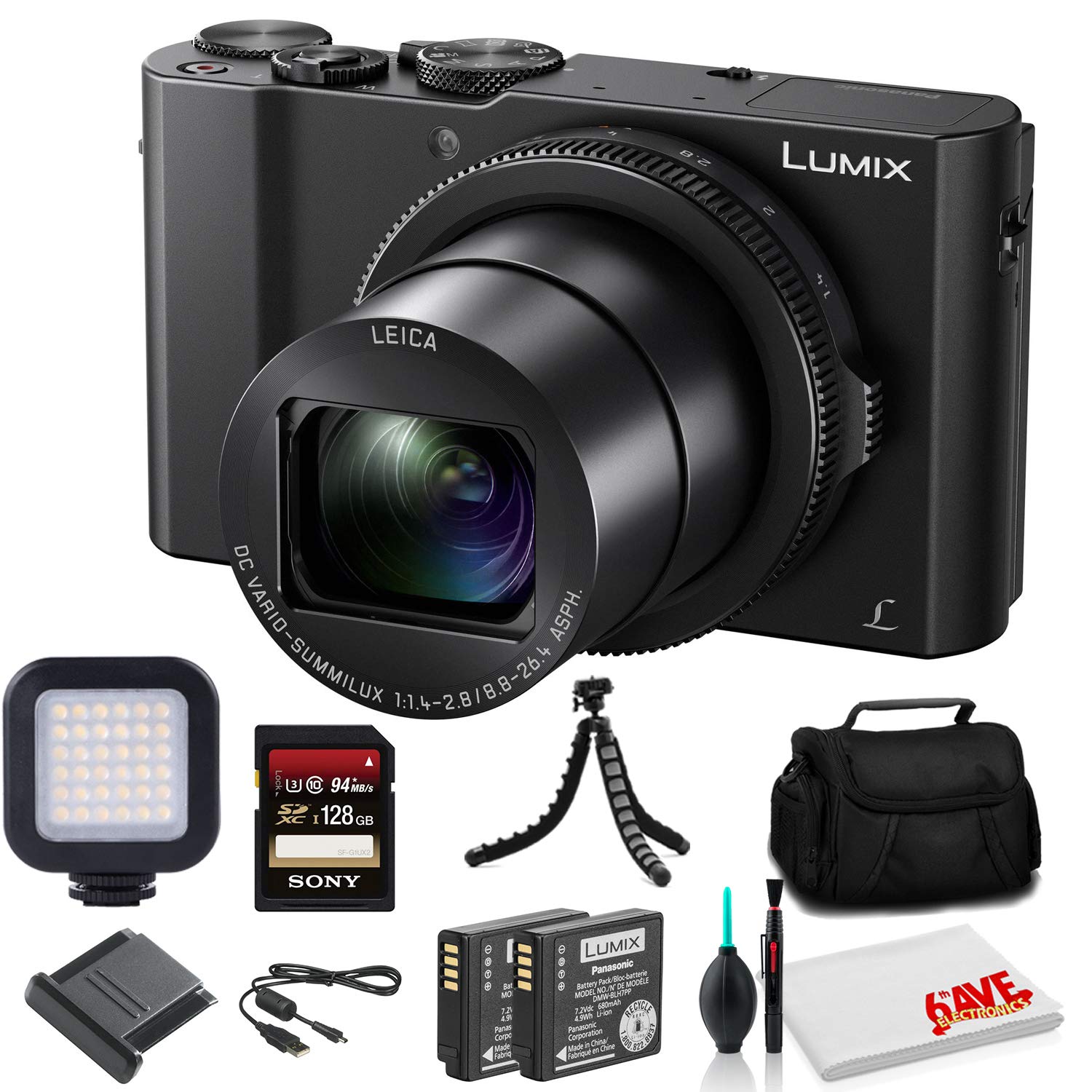 Panasonic Lumix DMC-LX10K 4K Digital Camera Bundle with 128GB SD Card, LED Video Light, Soft Case, Extra Battery & Tripod - Perfect for Vlogging, Travel Photography & YouTube Content Creation