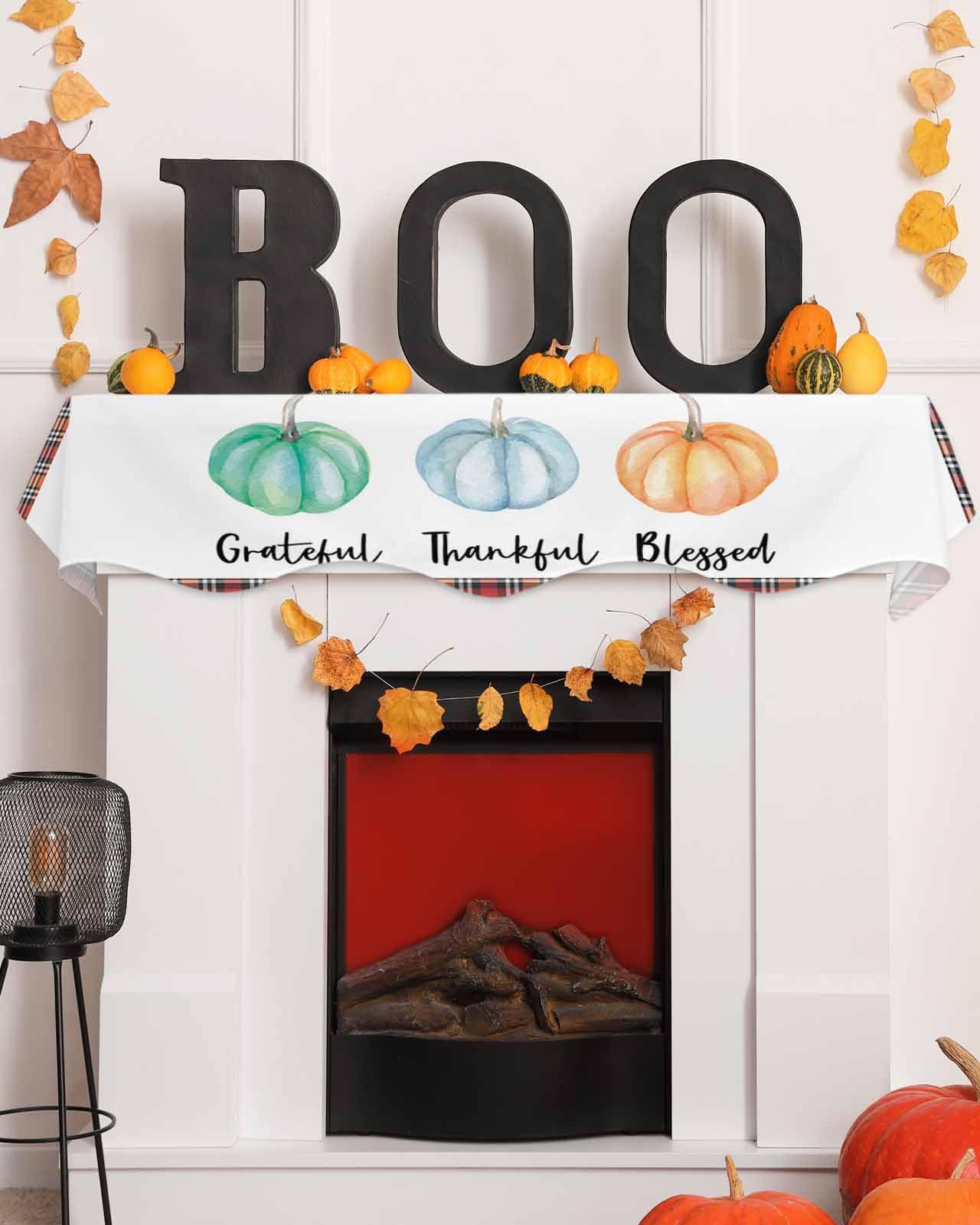 Fall Fireplace Scarf - Pumpkin Thanksgiving Mantel Cover with Plaid Check Design for Fireplace Decor | Grateful Blessed Holiday Home Decor | Perfect for Indoor/Outdoor Use, Seasonal Parties & Cozy Gatherings