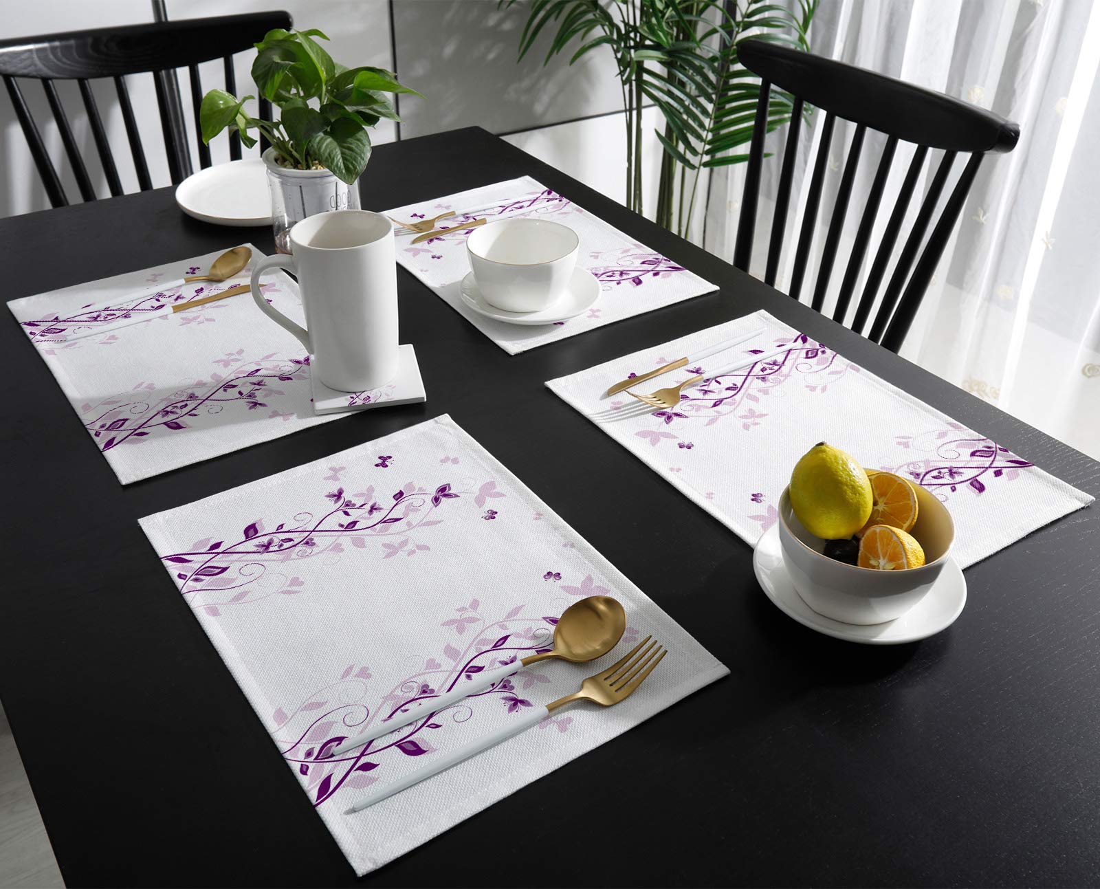 4-Pack Nature Violet Flower Butterfly Insect Cotton Linen Placemats - Heat Resistant, Non-Slip & Washable Table Mats for Dining Table, Kitchen Decor, Holiday Banquets & Everyday Use