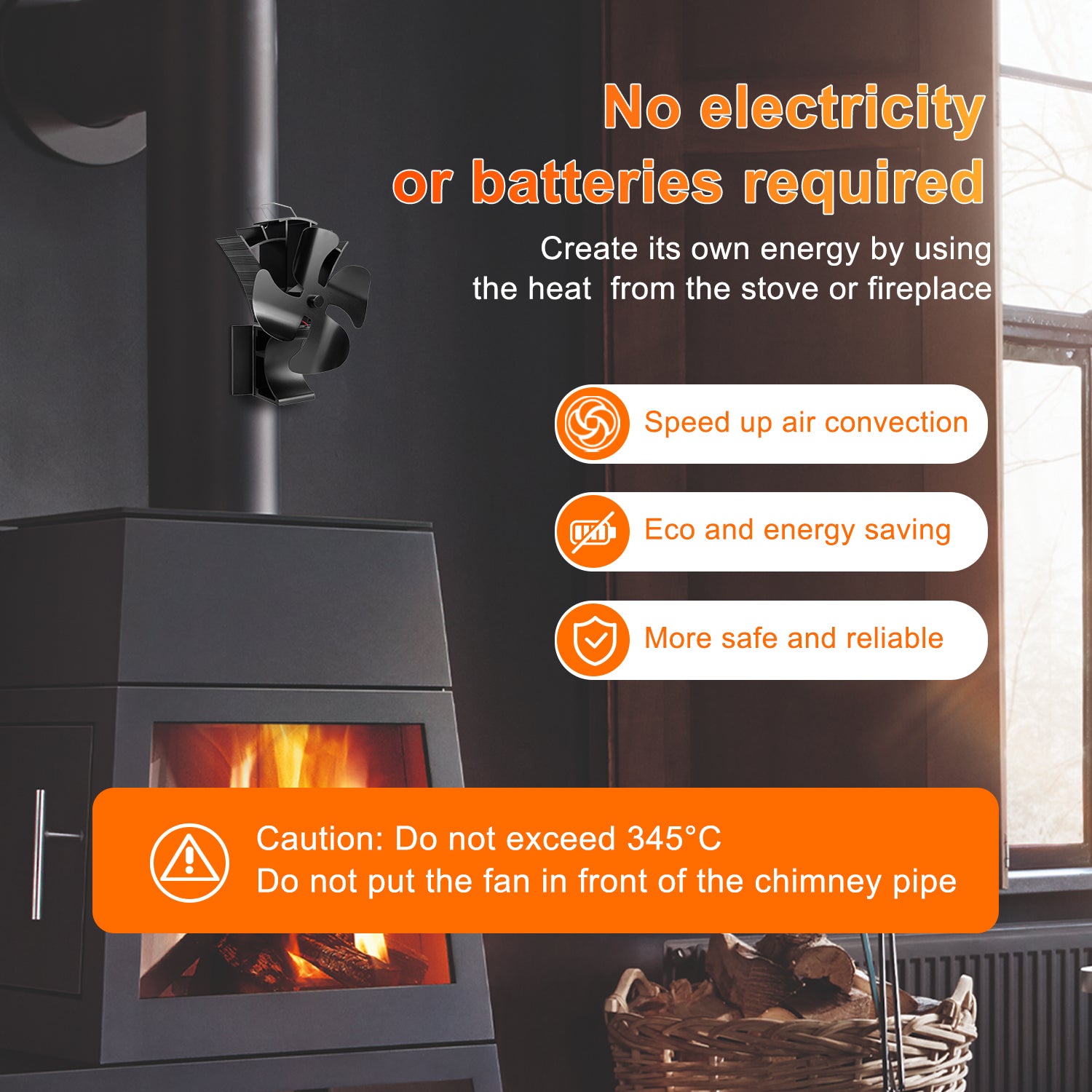 VODA 3-in-1 Wood Stove Fan with 4 Blades - Heat Powered Magnetic Fan for Fireplace, Camping & Home Heating - Eco-Friendly & Silent Operation