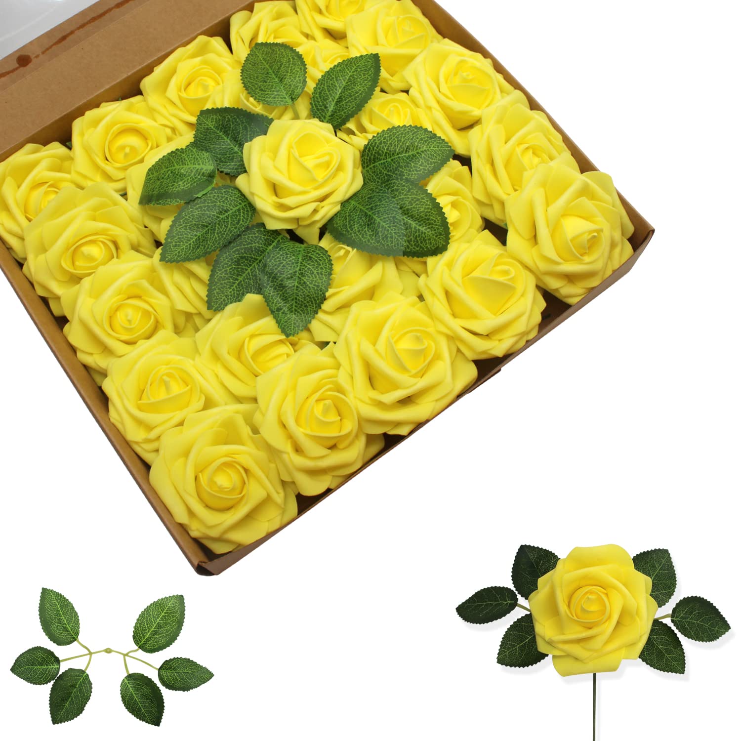 25PCS Artificial Yellow Roses - Realistic Foam Flowers for DIY Wedding Bouquets, Centerpieces, Party & Baby Shower Decorations - 3 Inch Fake Roses for Home, Office & Event Decor (Perfect for Tables, Gifts & Photo Backdrops)