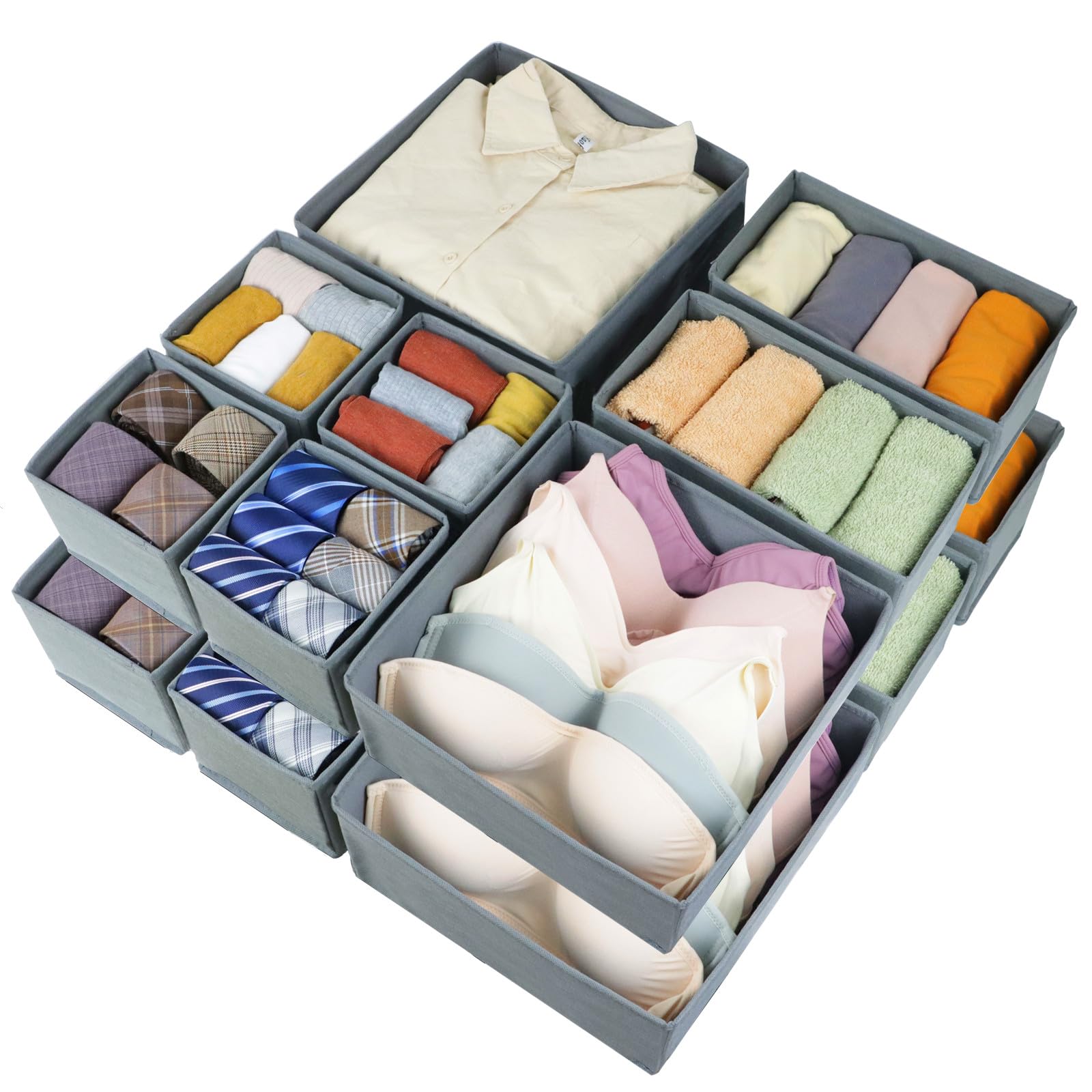 16-Piece Fabric Drawer Organizer Set - Foldable Storage Baskets & Cabinet Dividers for Clothes, Socks, Ties, Underwear | Space-Saving Closet & Dresser Organization Solution (Gray)