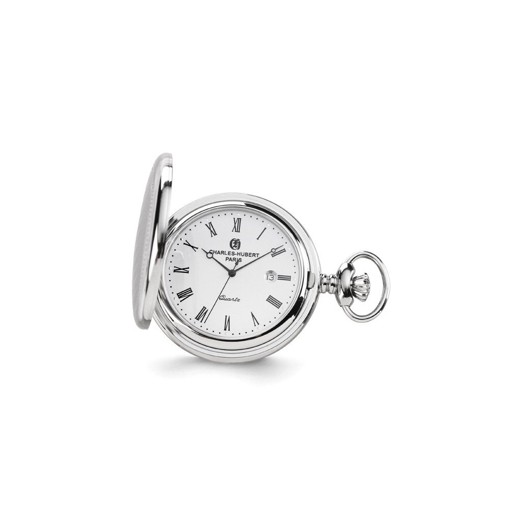 Charles Hubert Stainless Steel Striped Pocket Watch - 14.5 Inch Chain - Vintage Style Men's Dress Watch - Perfect for Weddings, Formal Events & Collector's Display