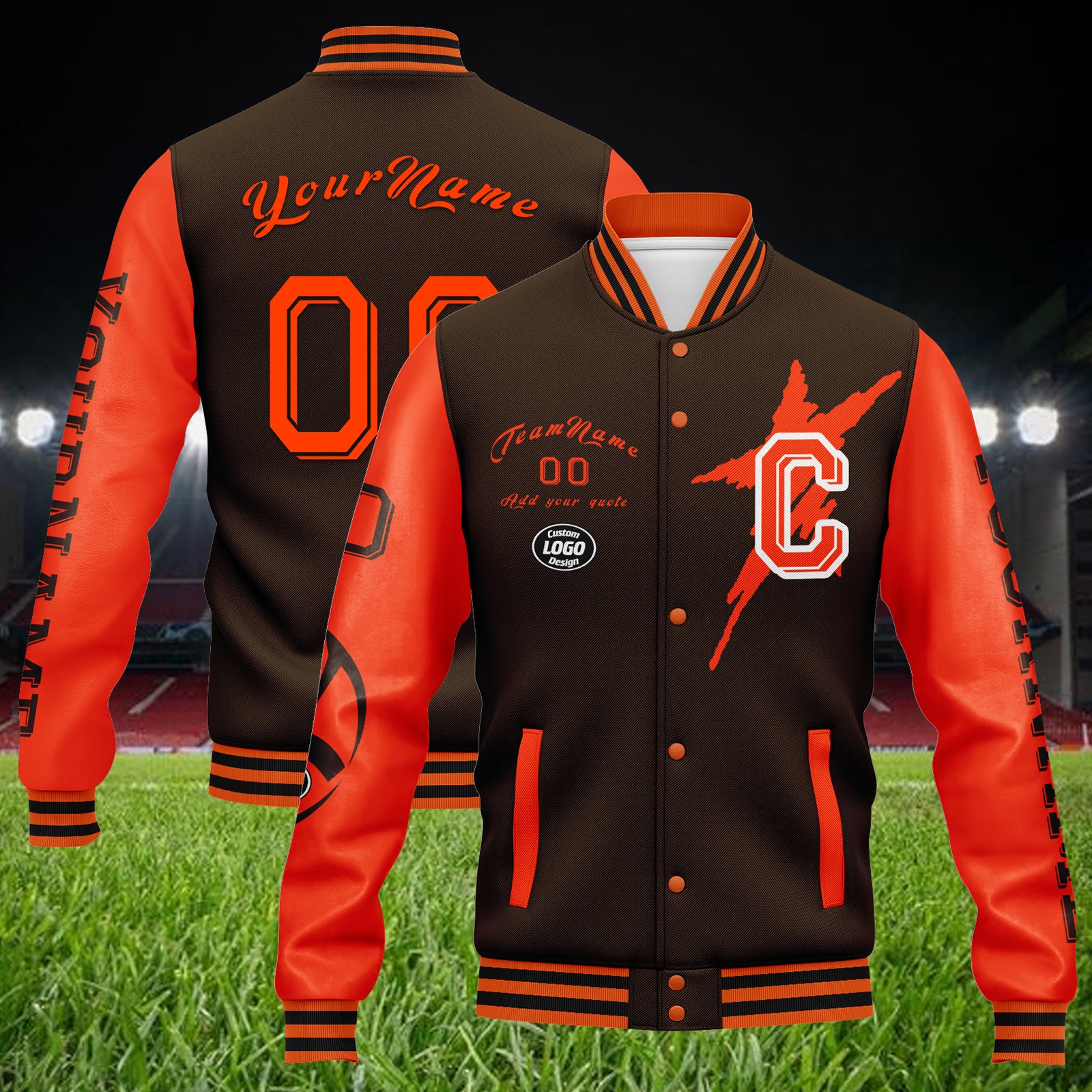 Custom Brown & Orange Cleveland Bomber Jacket - Personalized Varsity Letterman Jacket with Full Snap Closure | FZ005SX D020290 | Perfect for School Spirit, Sports Events & Casual Wear