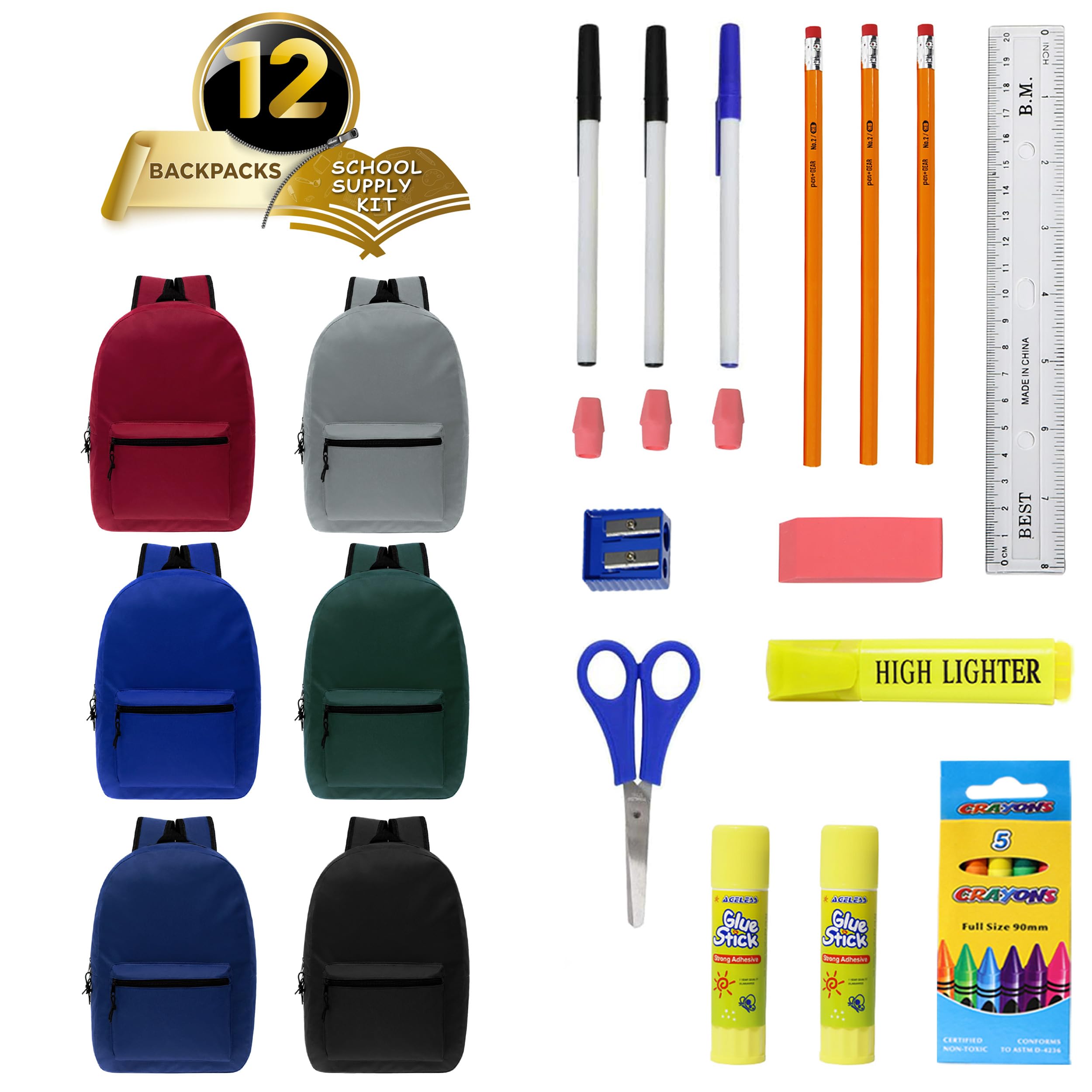 15 Inch Bulk Backpacks - 6 Colors with 22-Piece School Supply Kit (Pens, Pencils, Crayons) - Case of 12 - Perfect for Back to School, Classroom Supplies & Student Gifts
