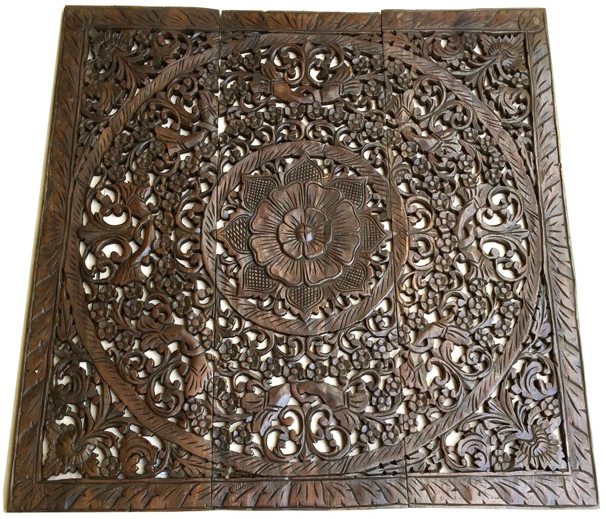 Large Floral Wood Carved Wall Panels - Dark Brown 36