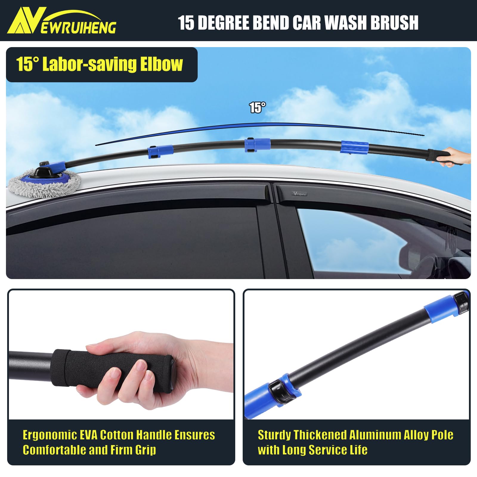 15° Bend Car Wash Brush with Telescopic Handle - Soft Chenille for RV, Truck Cleaning
