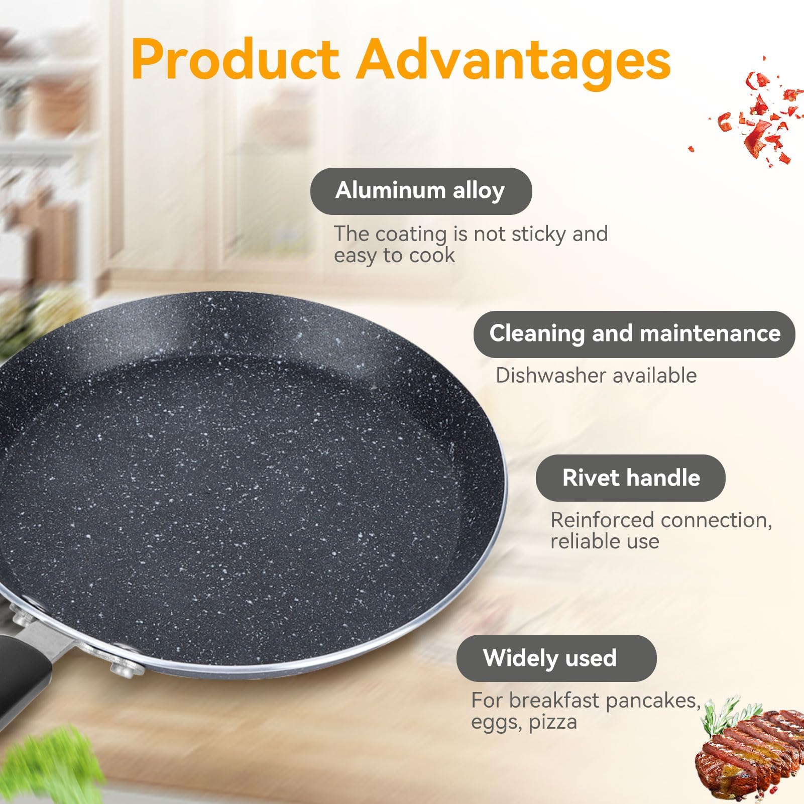 Non-Stick Frittata Pan with Ergonomic Handle - Universal Skillet for Pancakes, Crepes & Flat Omelettes - Perfect for Breakfast, Brunch & Healthy Cooking at Home
