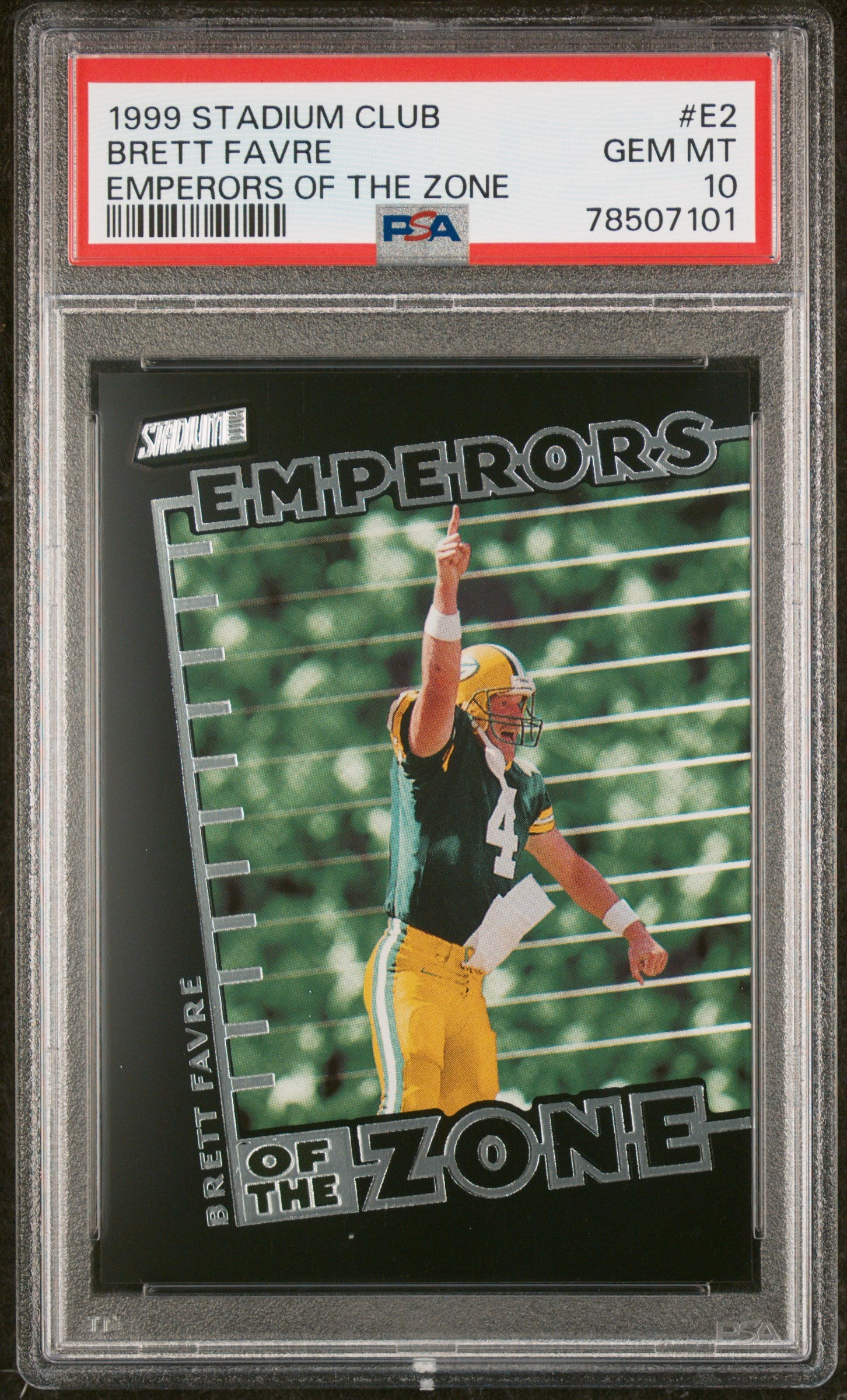 1999 Stadium Club Emperors of the Zone Brett Favre #E2 PSA 10 Graded Football Card - Perfect for NFL Collectors and Sports Memorabilia Displays