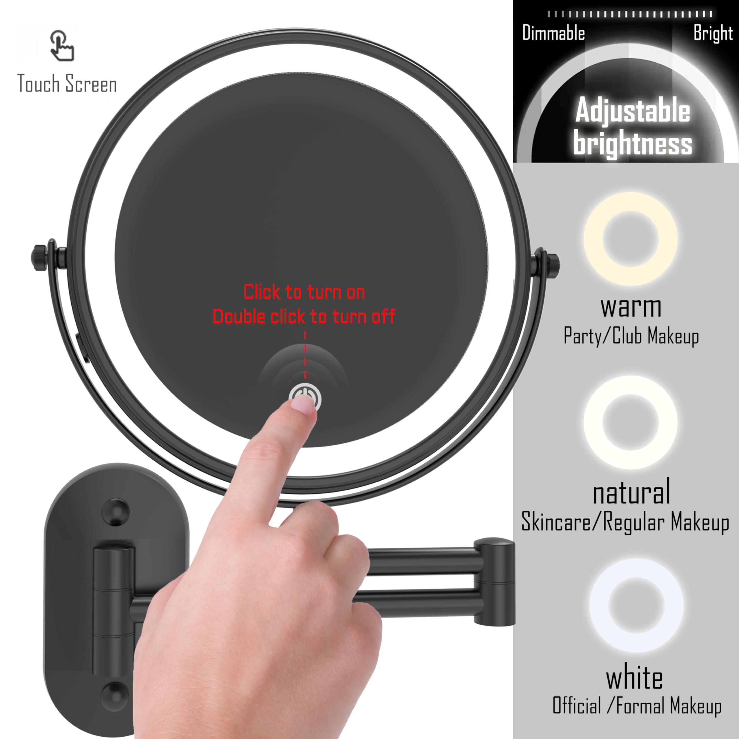 Rechargeable Makeup Mirror with LED Lights - 8 Inch Double Sided Vanity Mirror (1x/10x Magnification) - Matte Black Stainless Steel & Zinc Alloy Wall Mounted Mirror for Bathroom, Bedroom, and Dressing Room