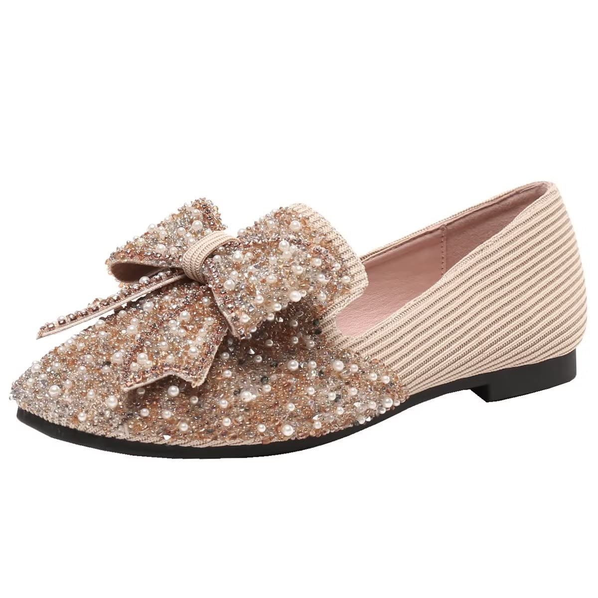 CHENBAXIAN Women's Flat Mules - Closed Square Toe Rhinestone Bow Sequins Slip-On Shoes | Comfortable Casual Loafers for Work, Office & Everyday Wear