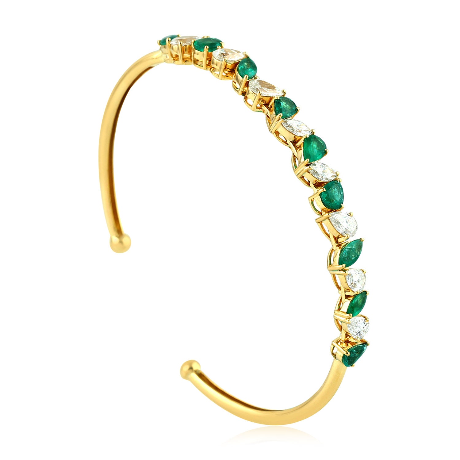 Genuine Emerald Prong Rose Cut Diamond Yellow Gold Cuff Bracelet for Women - Elegant Jewelry Gift for Anniversary, Wedding & Special Occasions