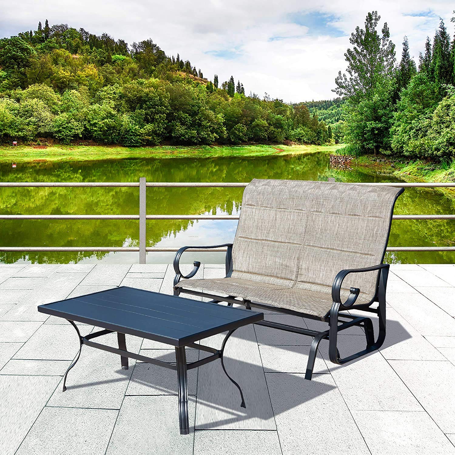 LOKATSE HOME 2-Piece Outdoor Patio Furniture Set - Metal Glider Bench Loveseat with Coffee Table, Grey | Perfect for Garden, Backyard, Porch & Poolside Relaxation