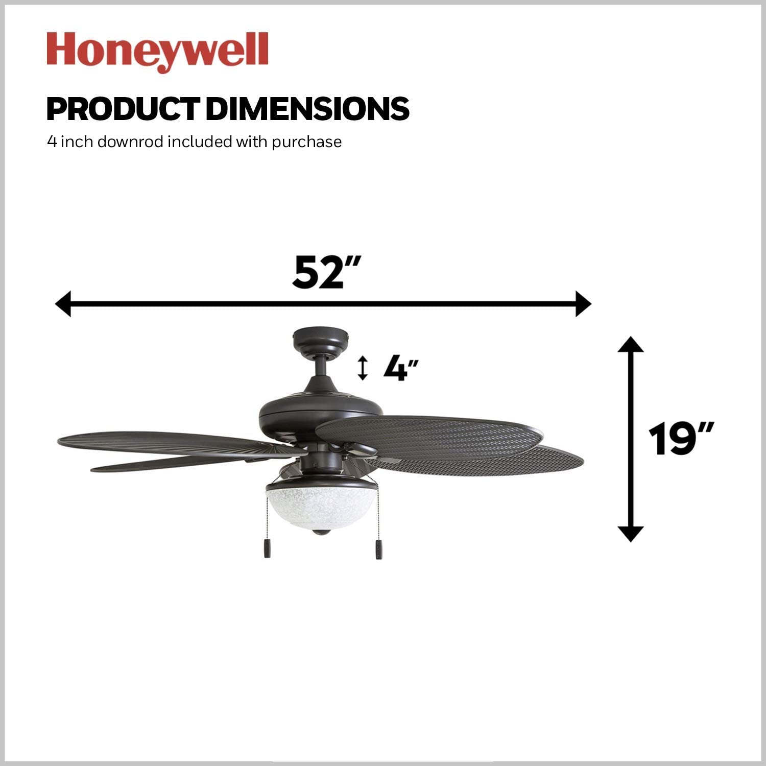 Honeywell 52 Inch Tropical Indoor Outdoor Ceiling Fan with Light Kit, Pull Chain Control, 3 Mounting Options & Weather-Resistant Blades - Bronze (Model 50510-01) - Perfect for Patio, Living Room, Bedroom and Covered Outdoor Spaces
